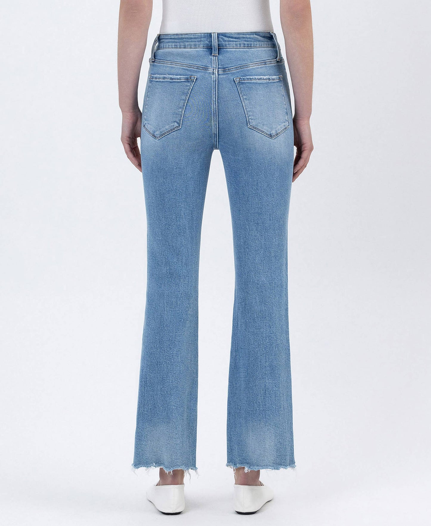 High Rise Light Wash Uneven Raw Hem Kick Flare Denim by Lovervet