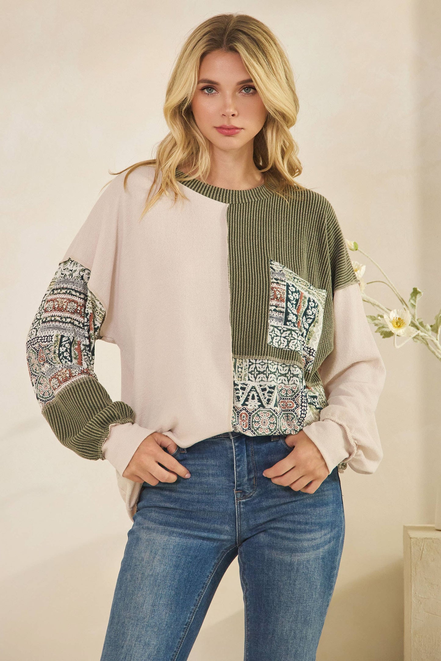 Patchwork Knit Long Sleeve Pullover Top in Burgundy or Olive