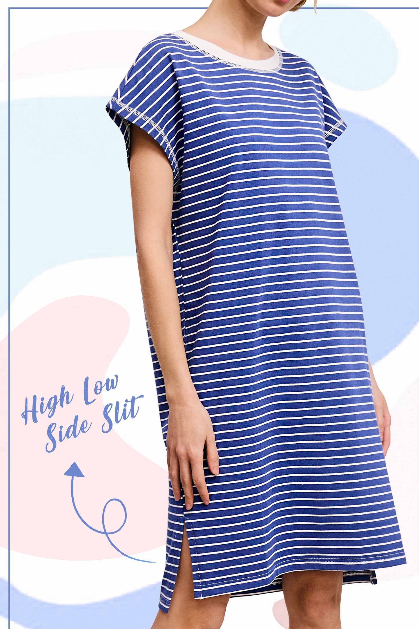 High Low Side Slit Striped T-Shirt Dress in Royal Blue