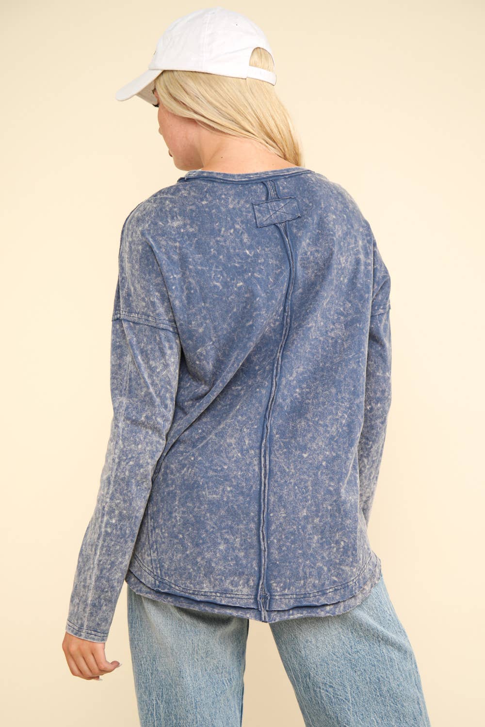 Mineral Washed Casual Knit Top in Denim Blue