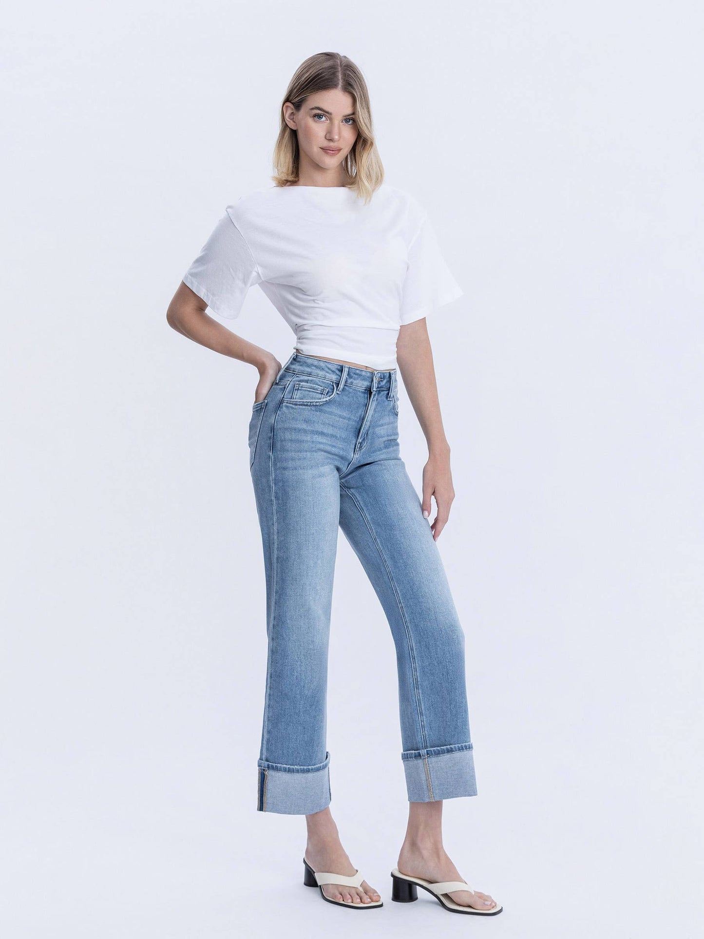 High Rise Medium Light Wash Cuffed Slim Wide Leg by Flying Monkey