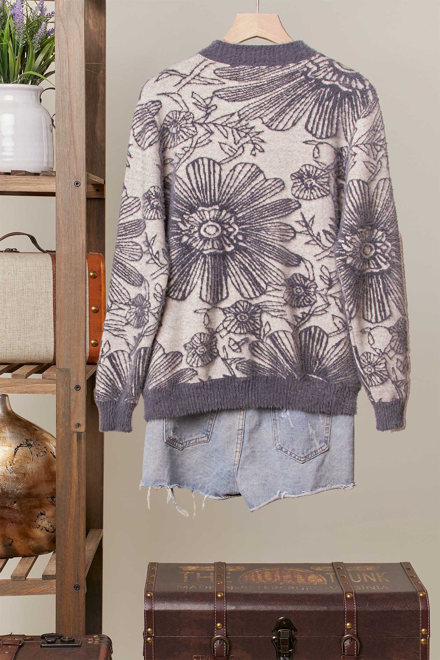 Contrast Trim Crew Neck Floral Knit
