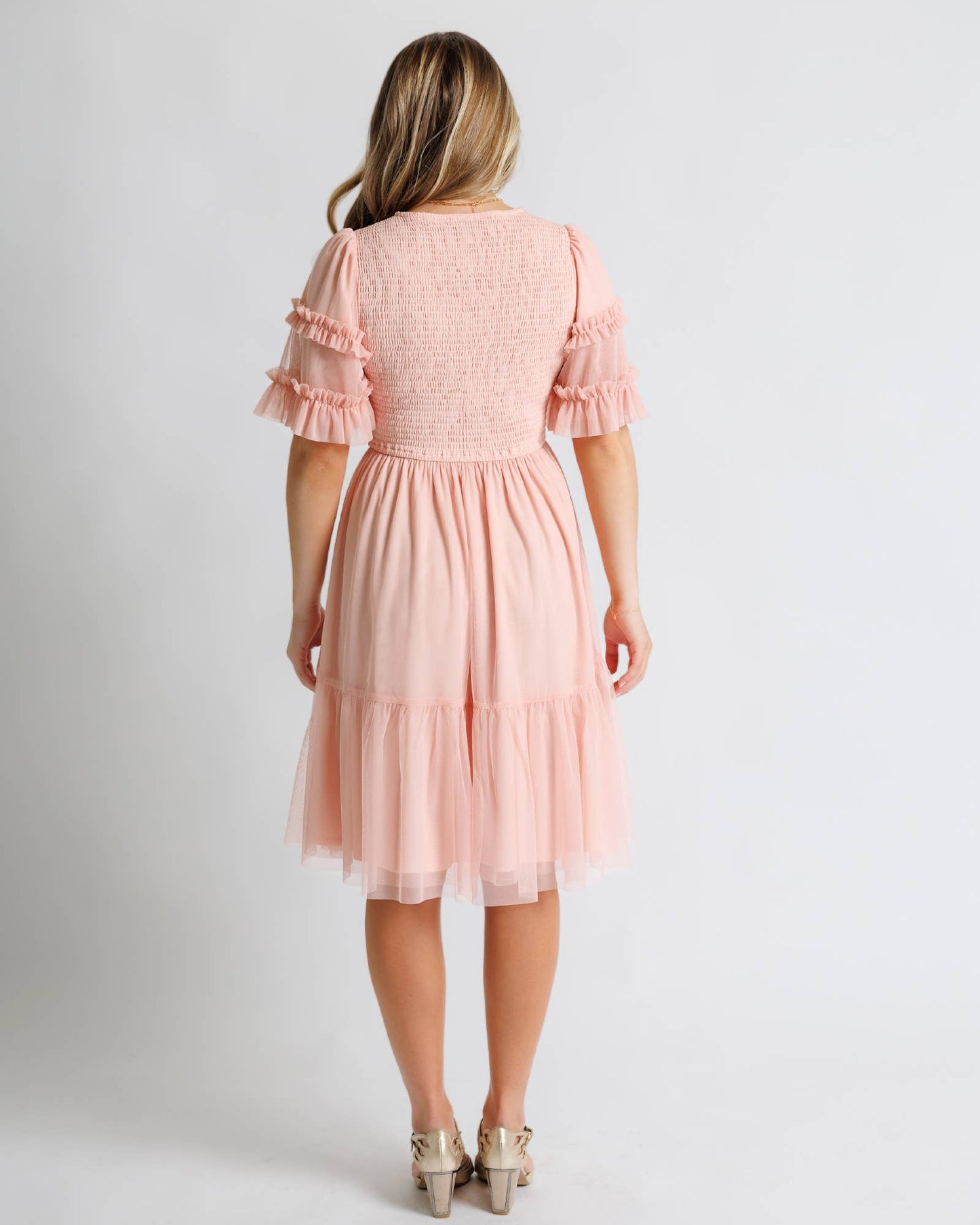 True Romance Peach Half Sleeve Tulle Midi Dress