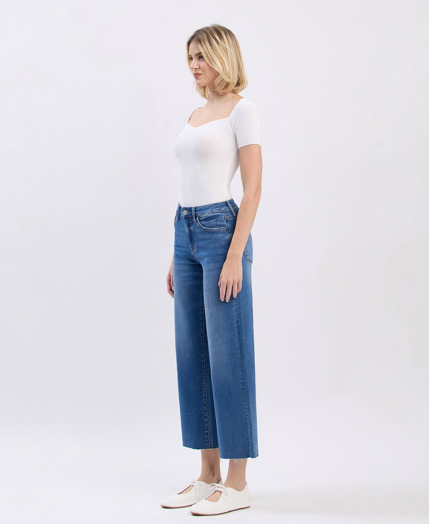 High Rise Clean Cut Raw Hem Crop Slim Wide Leg by Vervet