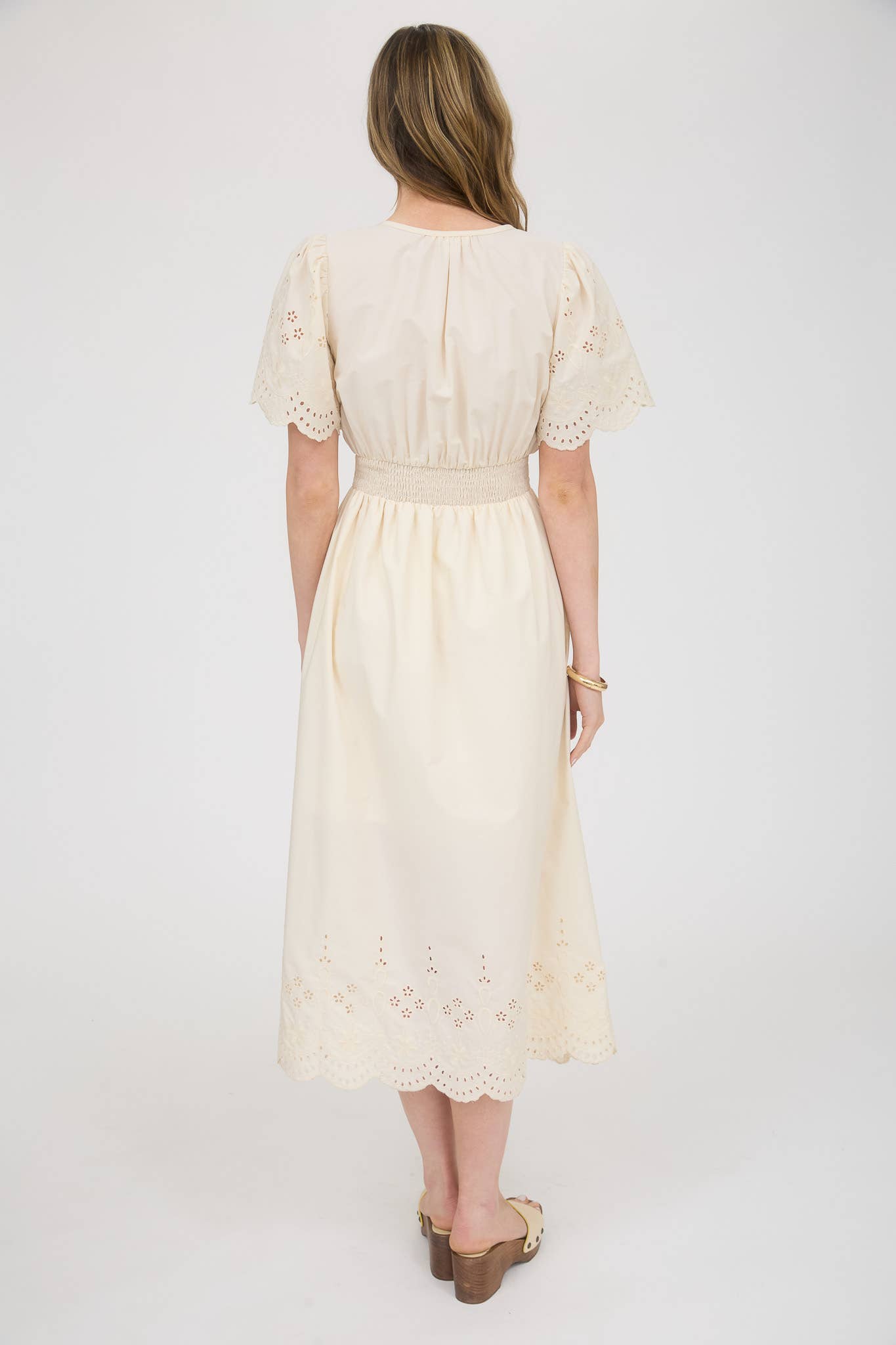 Embroidered Eyelet Belted Mid Dress in Champaign Ivory