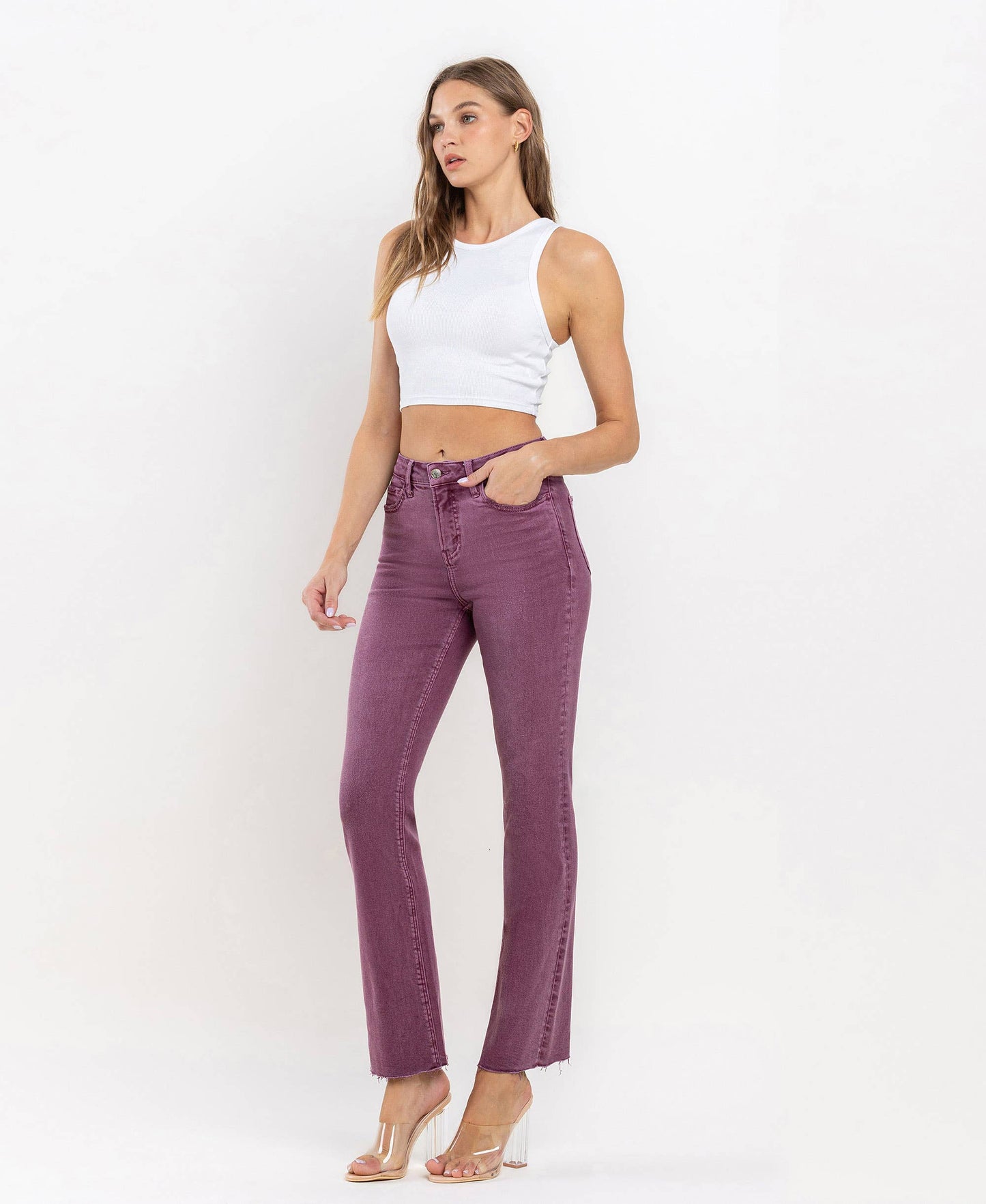 Mid Rise Raw Hem Bootcut in Sangria
