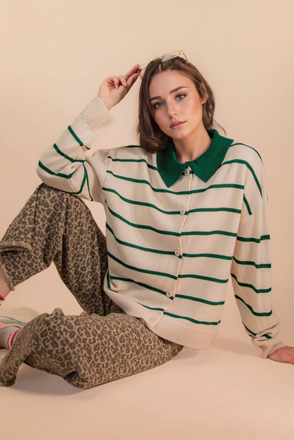 Oversized Button Down Striped Casual Sweater in Green