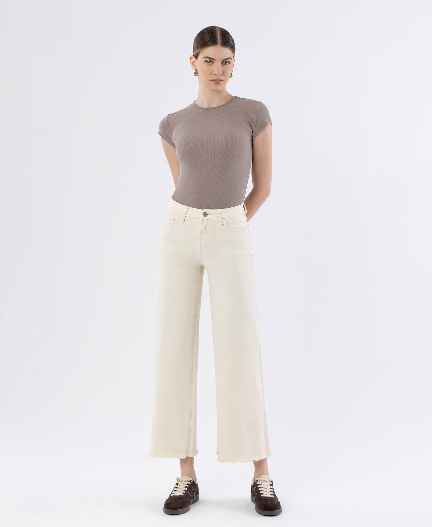 High Rise Raw Hem Ankle Wide Leg Denim in Off White by Lovervet
