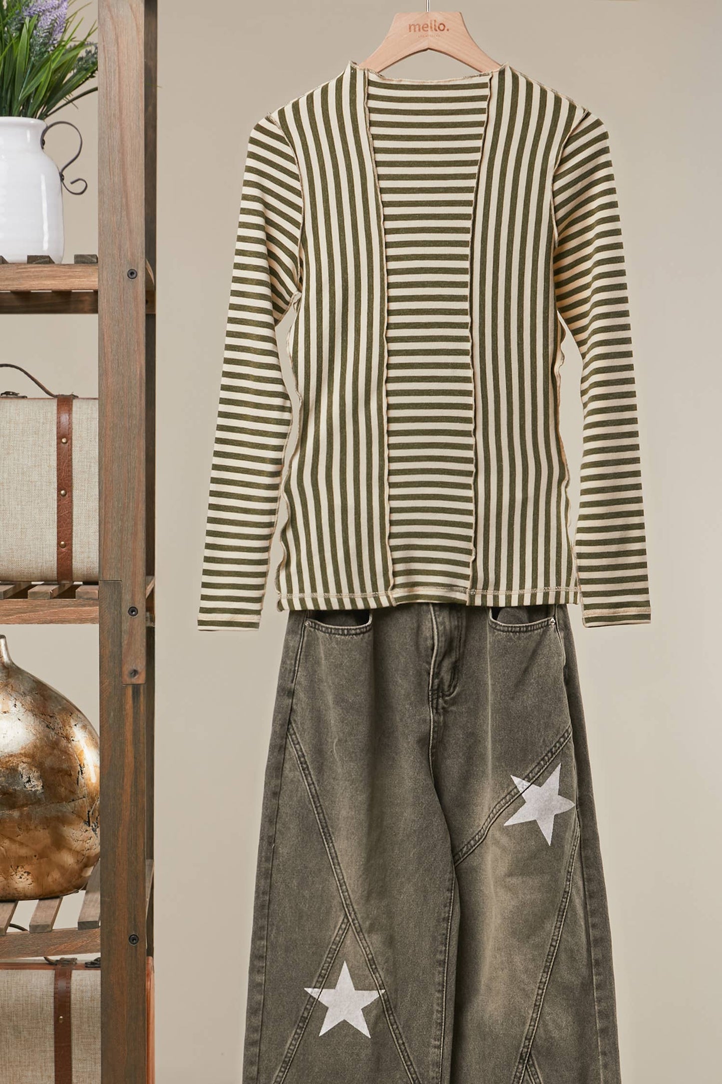 Asymmetrical Stripe Long Sleev Pullover in Brown
