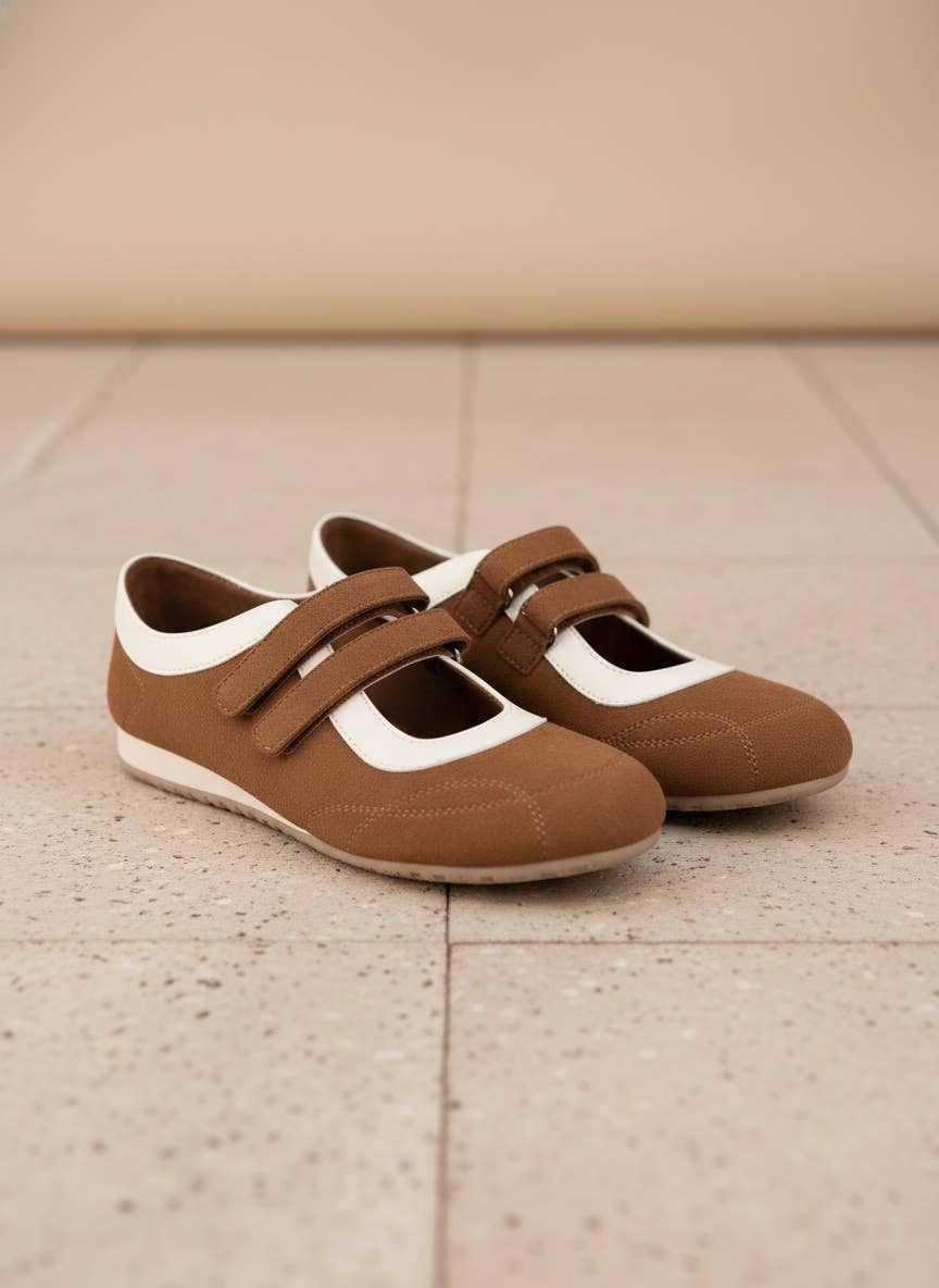 Double Strap Mary Jane Sneakers Velcro Casual Comfort in Cognac