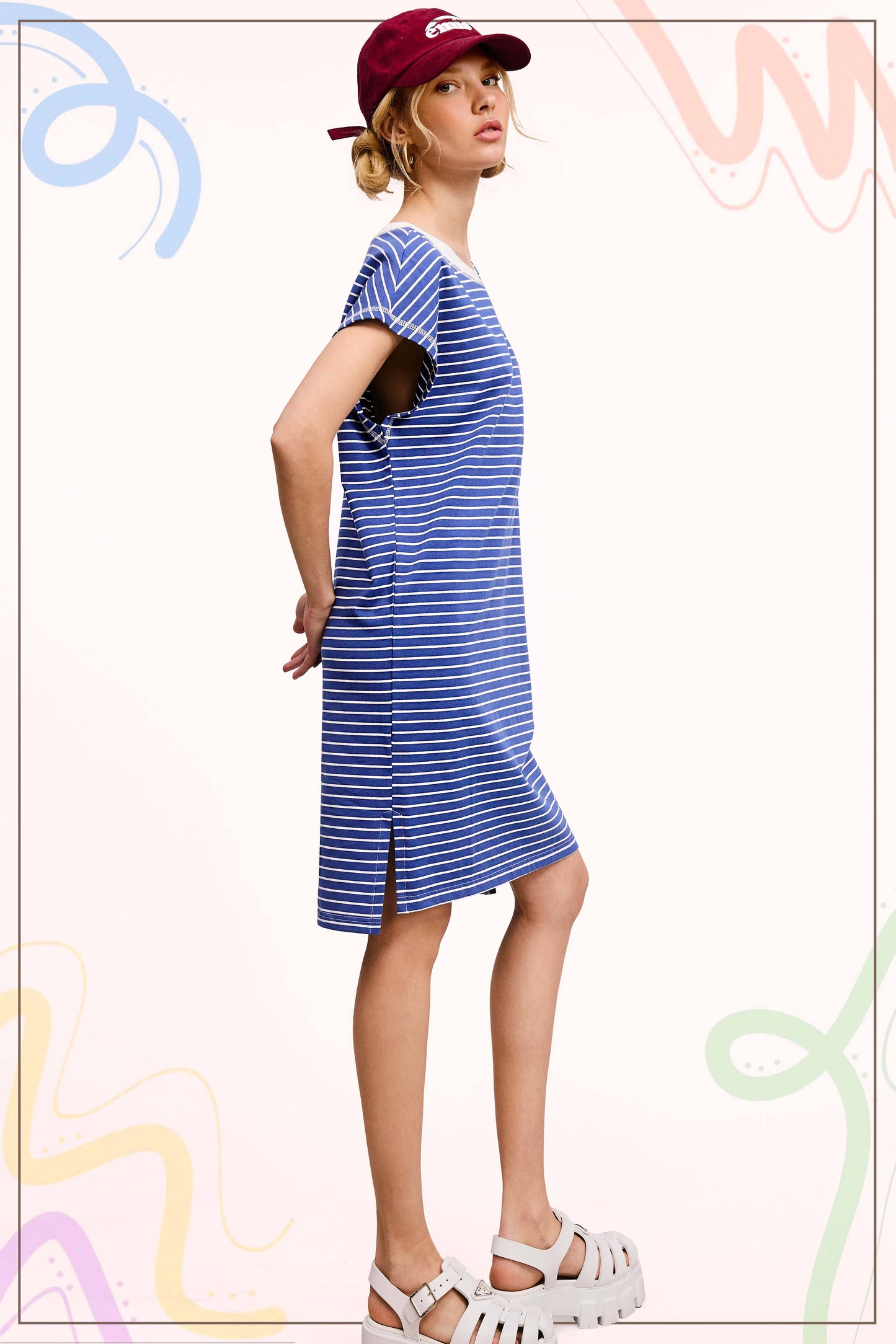 High Low Side Slit Striped T-Shirt Dress in Royal Blue