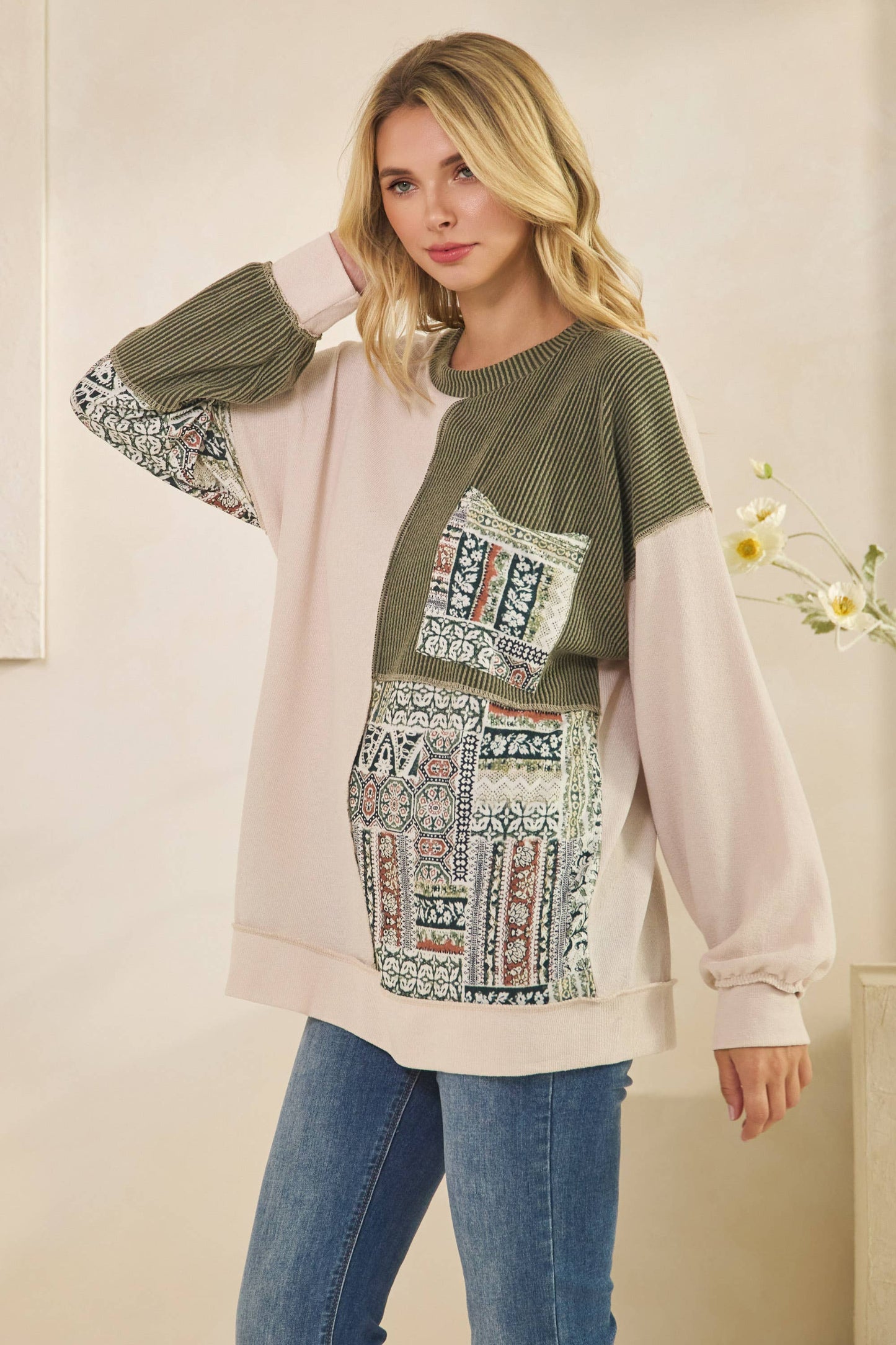 Patchwork Knit Long Sleeve Pullover Top in Burgundy or Olive