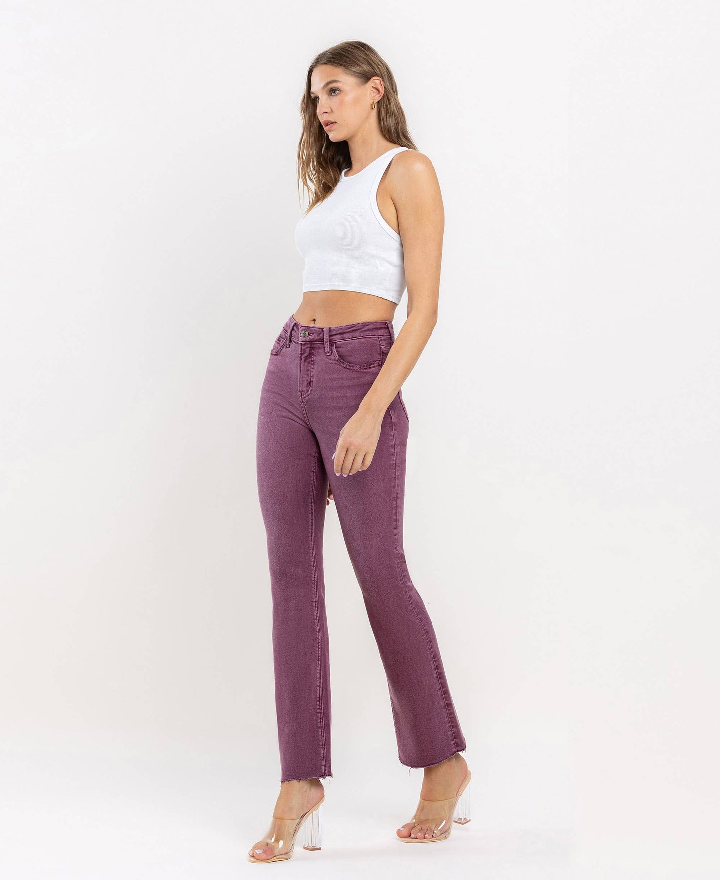 Mid Rise Raw Hem Bootcut in Sangria