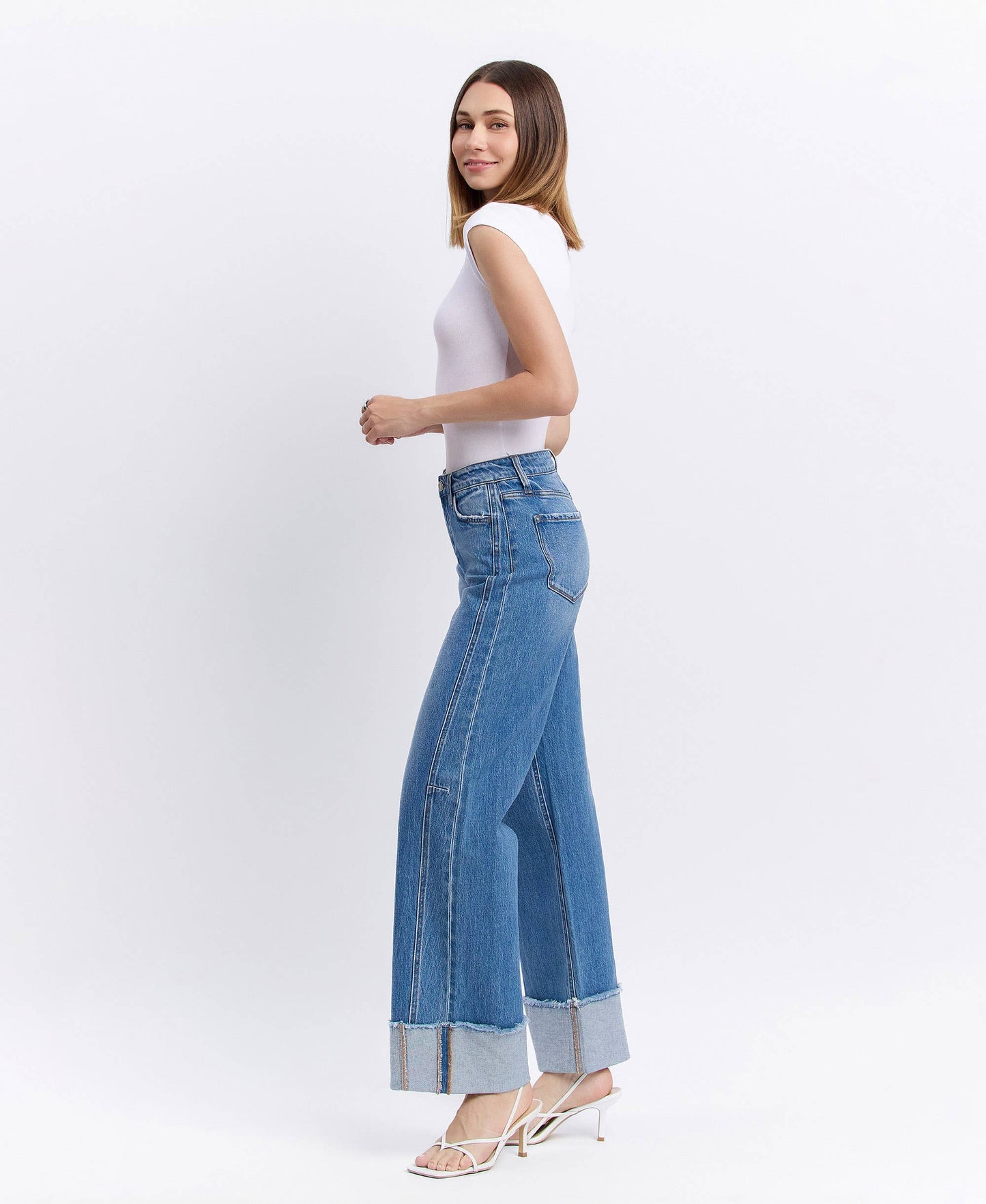 High Rise Cuffed Wide Leg Denim by Vervet with Detailed Seam