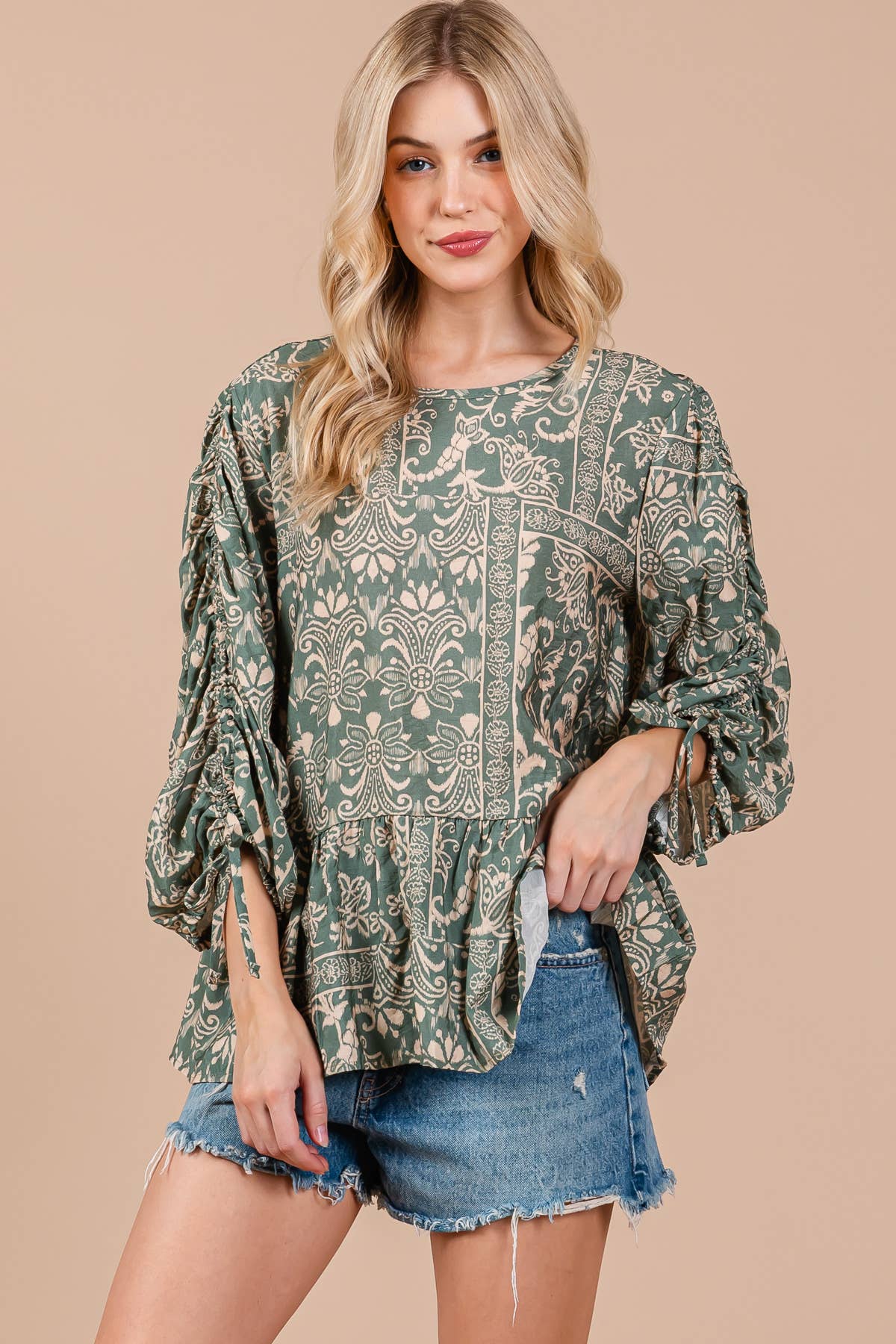 Boho Abstract Quarter Sleeve Top in Sage