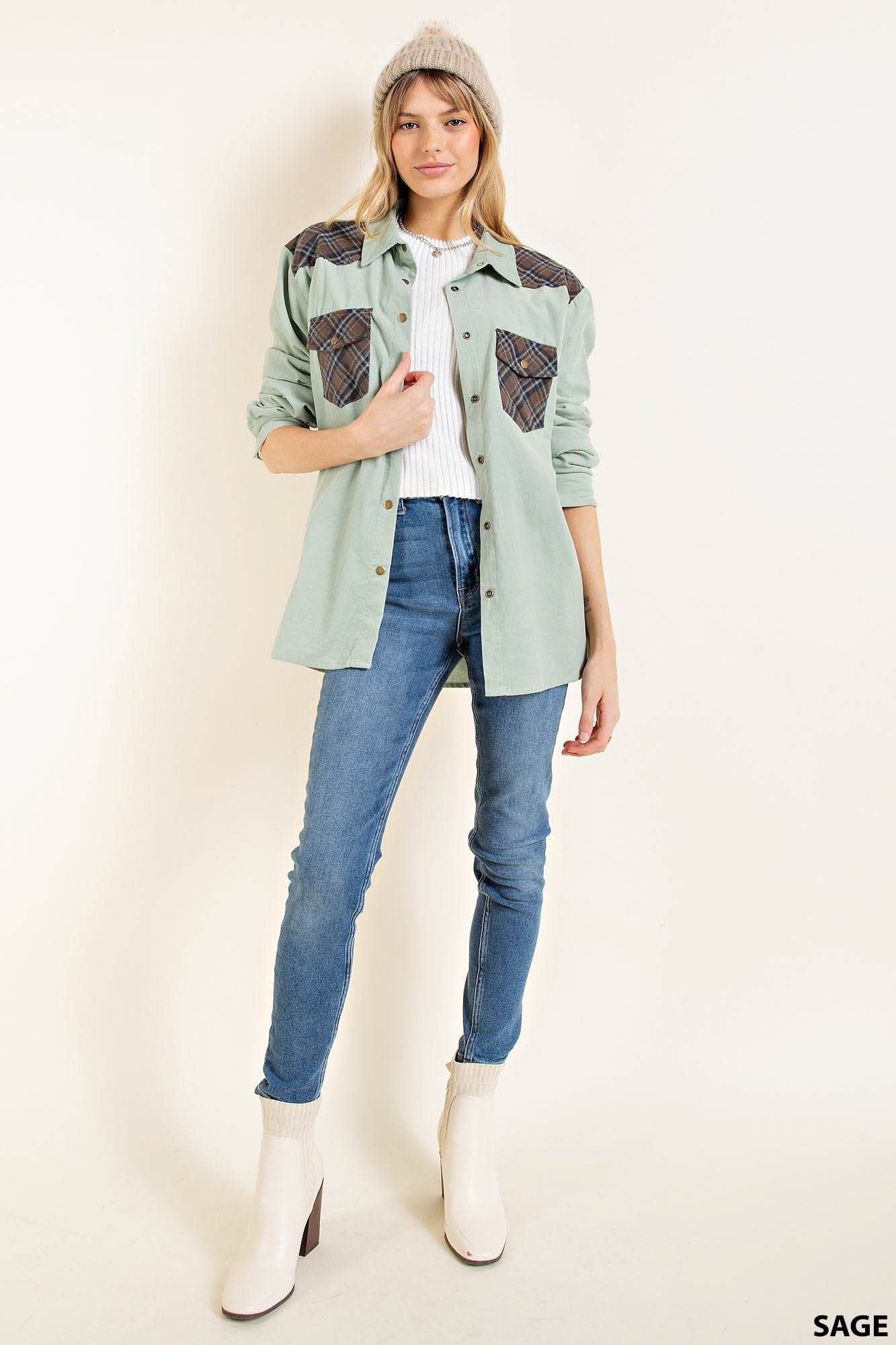 Corduroy Plaid Snap Western Top in Sage