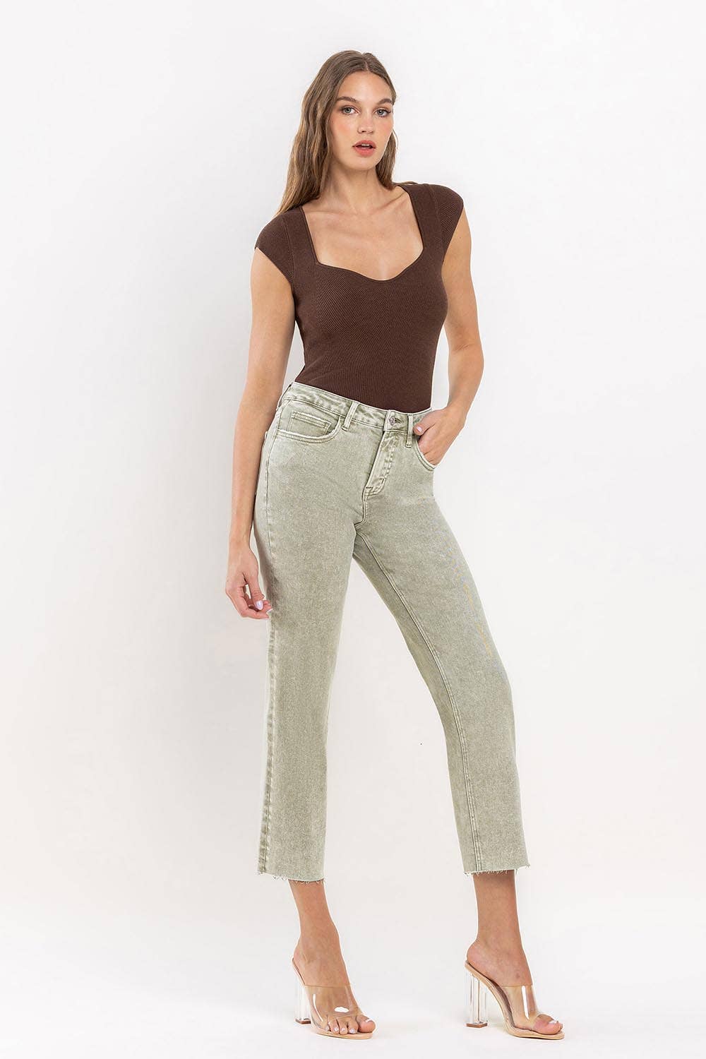 High Rise Stretch Straight in Light Olive Grey by Lovervet