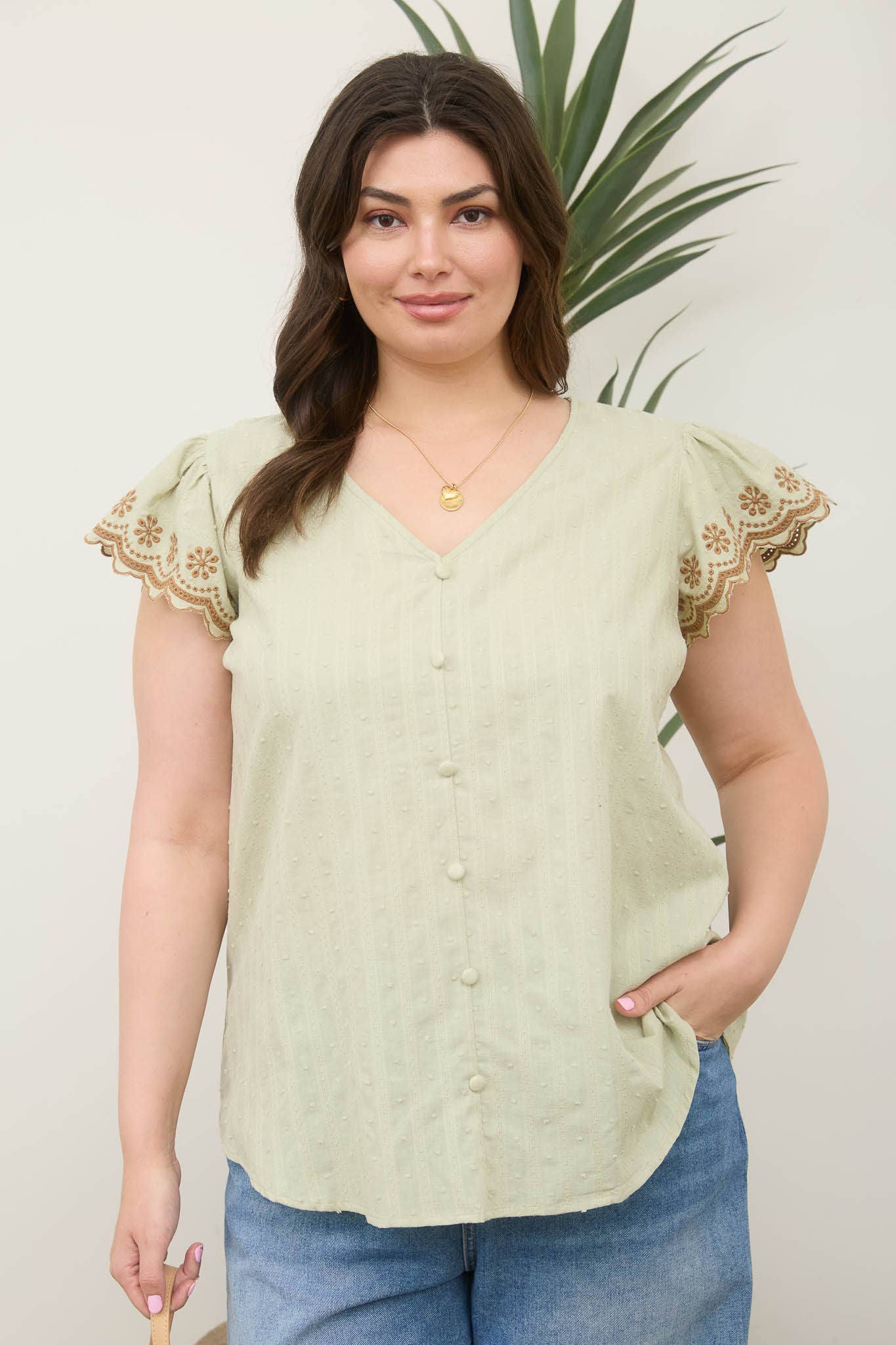 Stipe Swiss Dot Contrast Floral Blouse with Buttons in Sage