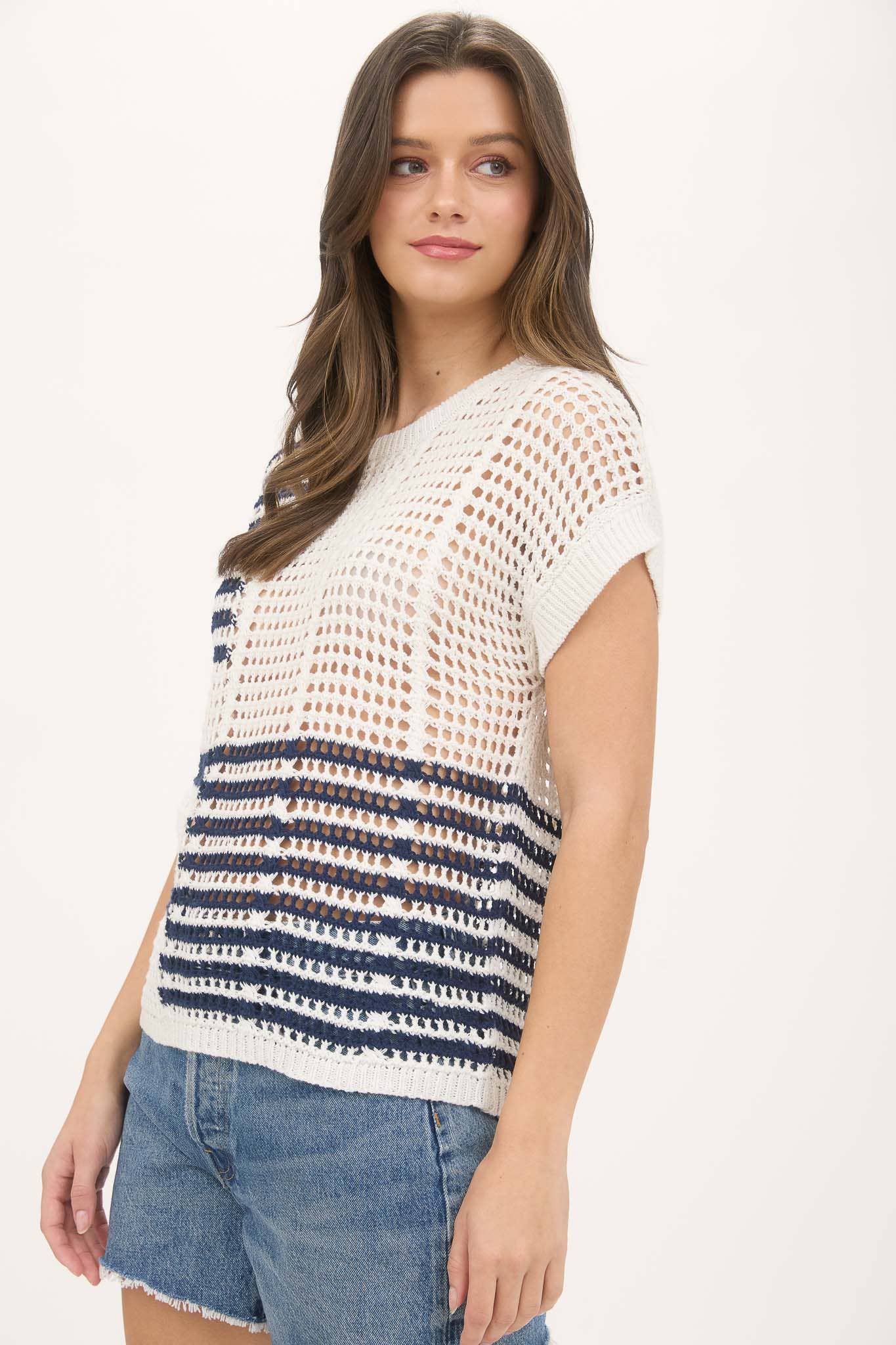 Multi Stripe Short Sleeve Crochet Knit Top in Navy