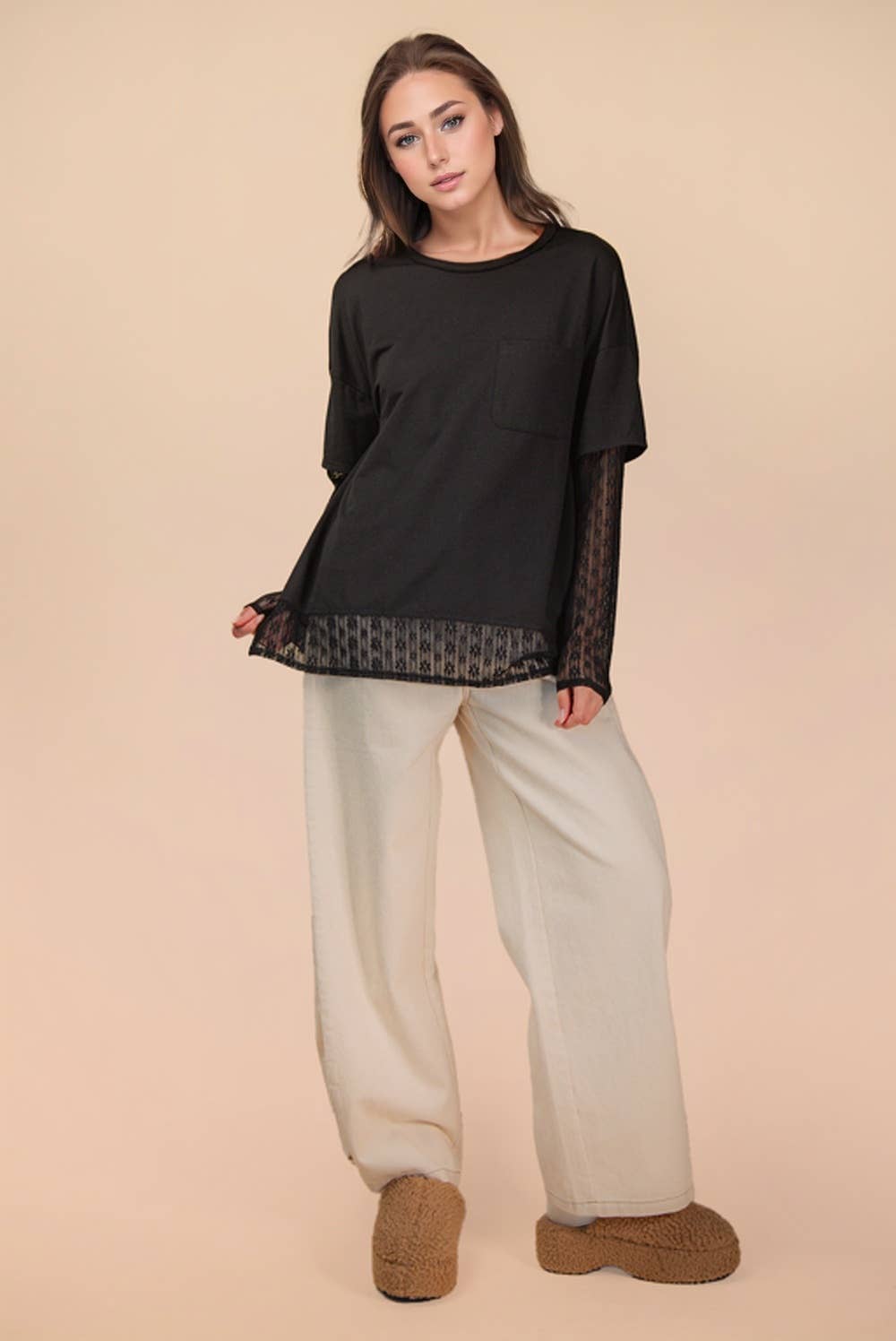 Oversized Casual Knit Top W/ Lace in Olive, Black or Wine