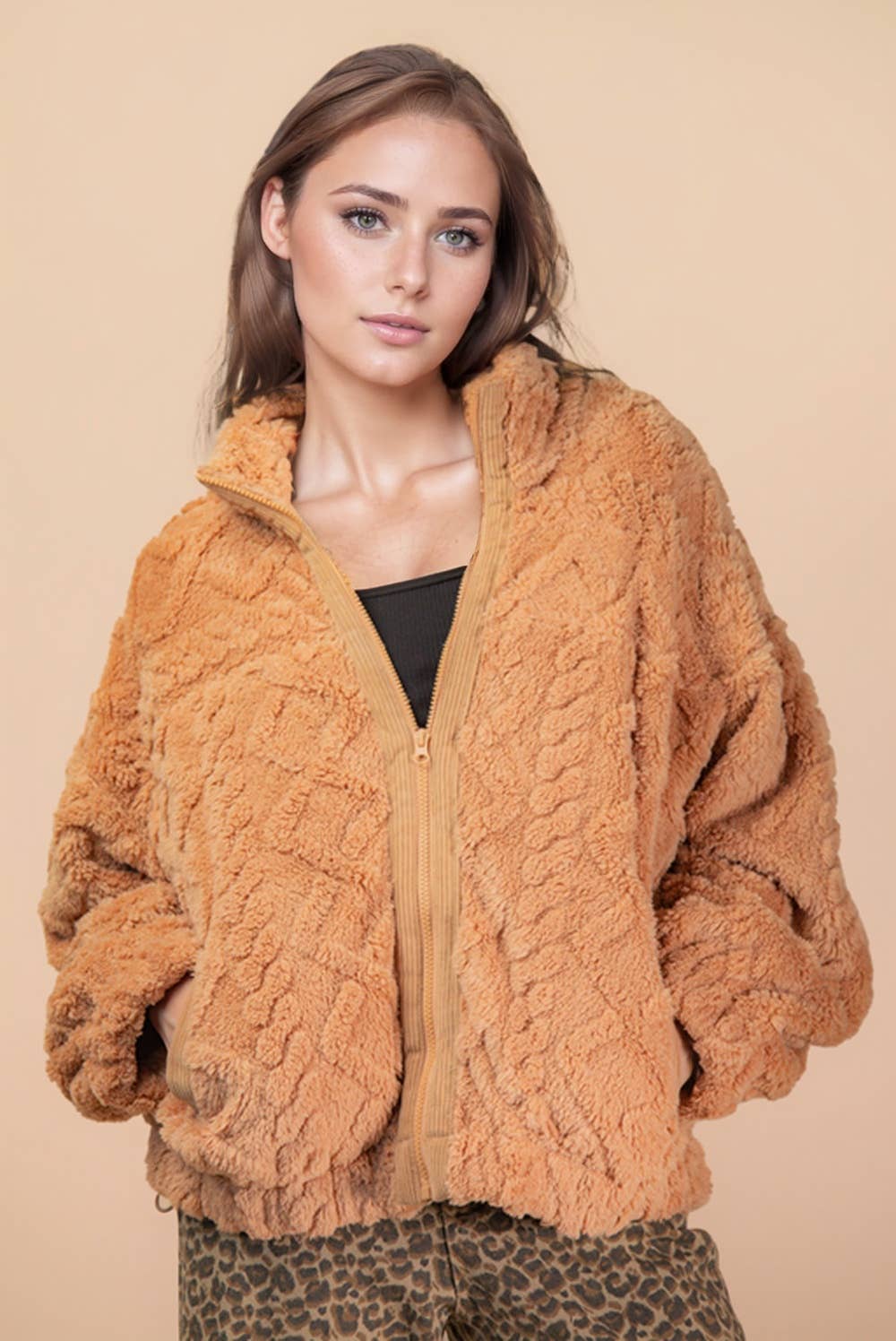 Fuzzy Fleece Cable Pattern Zip Up Jacket in Caramel Mocha