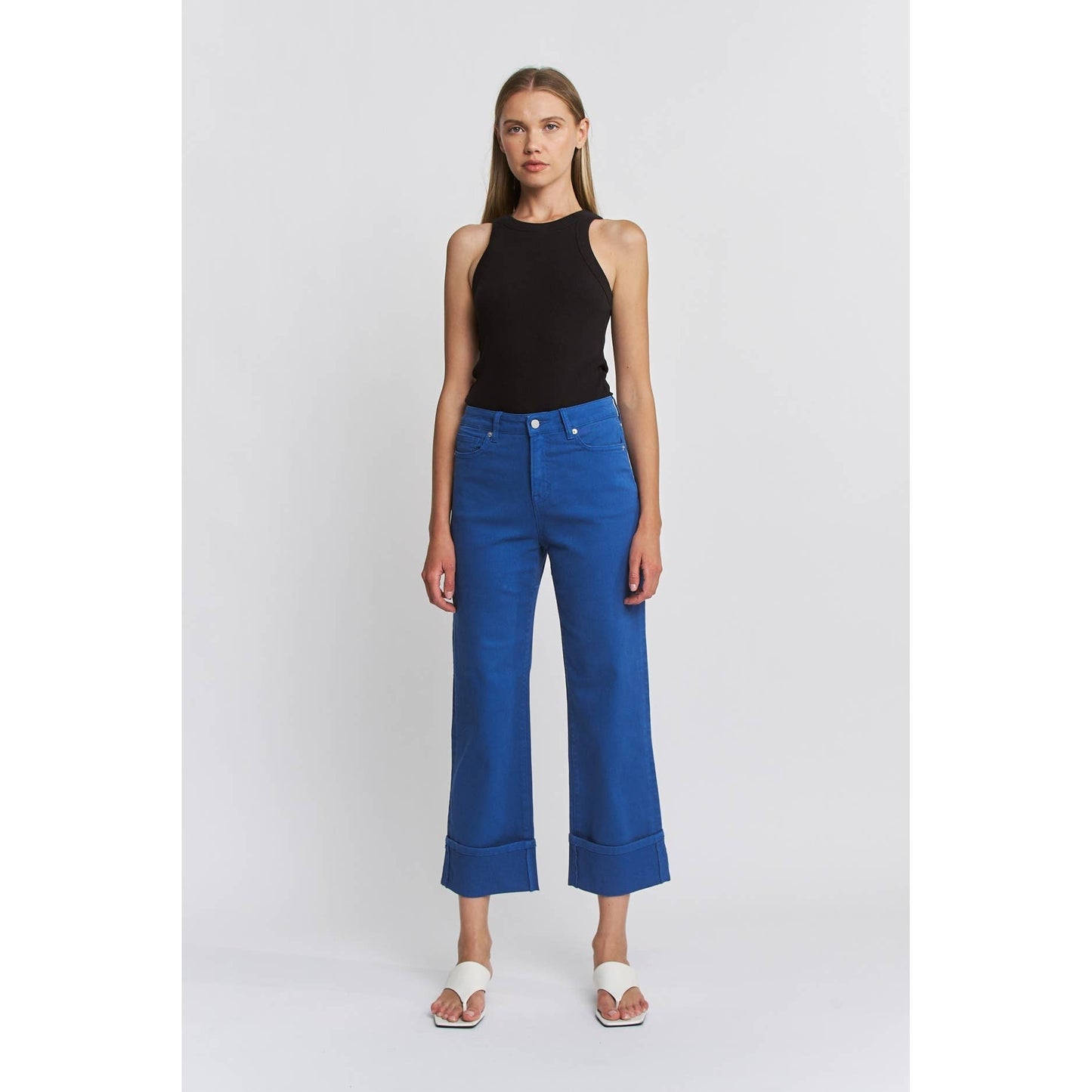High Rise Wide Crop Cuffed Denim in Bright Blue by MICA