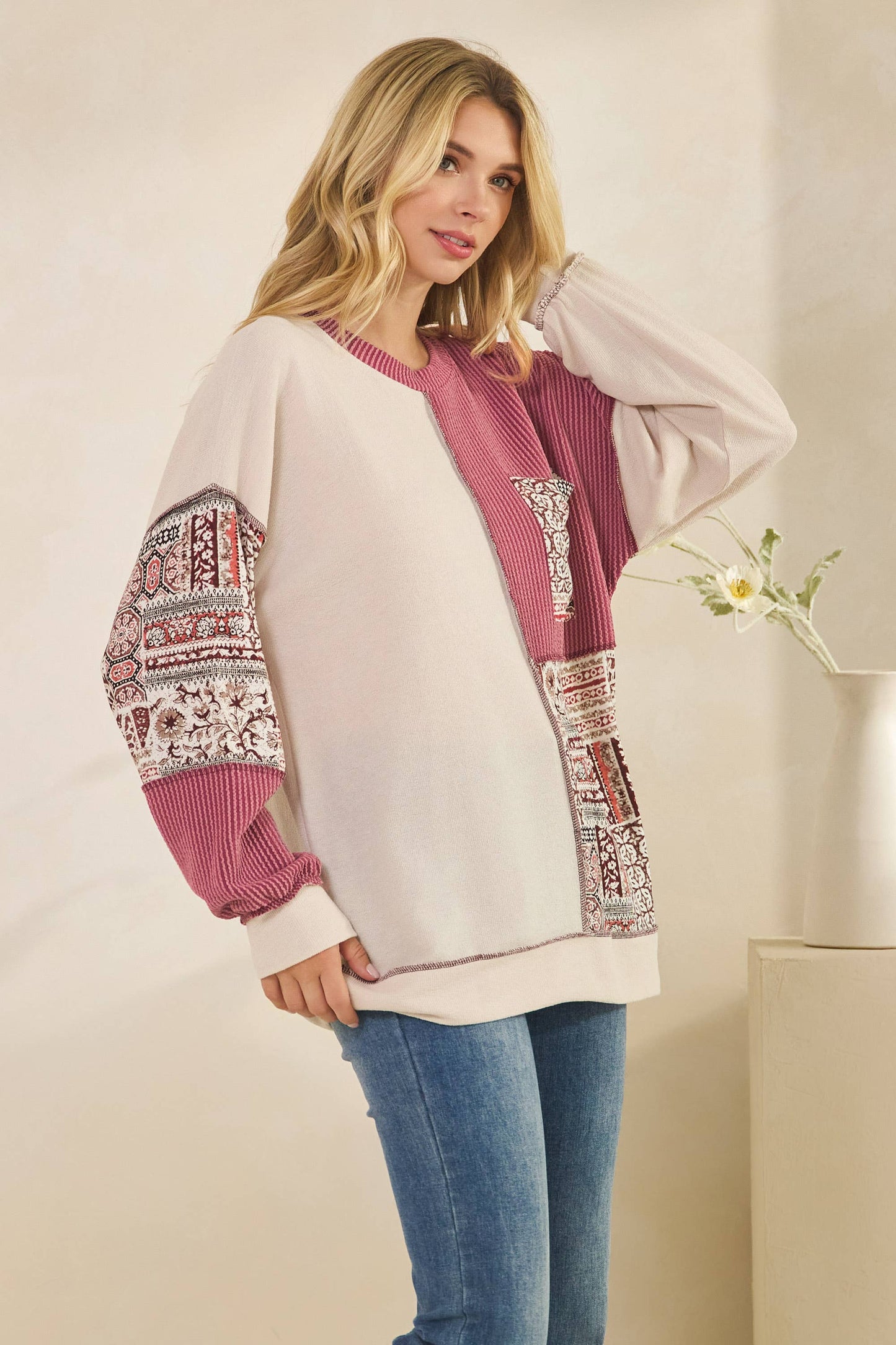 Patchwork Knit Long Sleeve Pullover Top in Burgundy or Olive