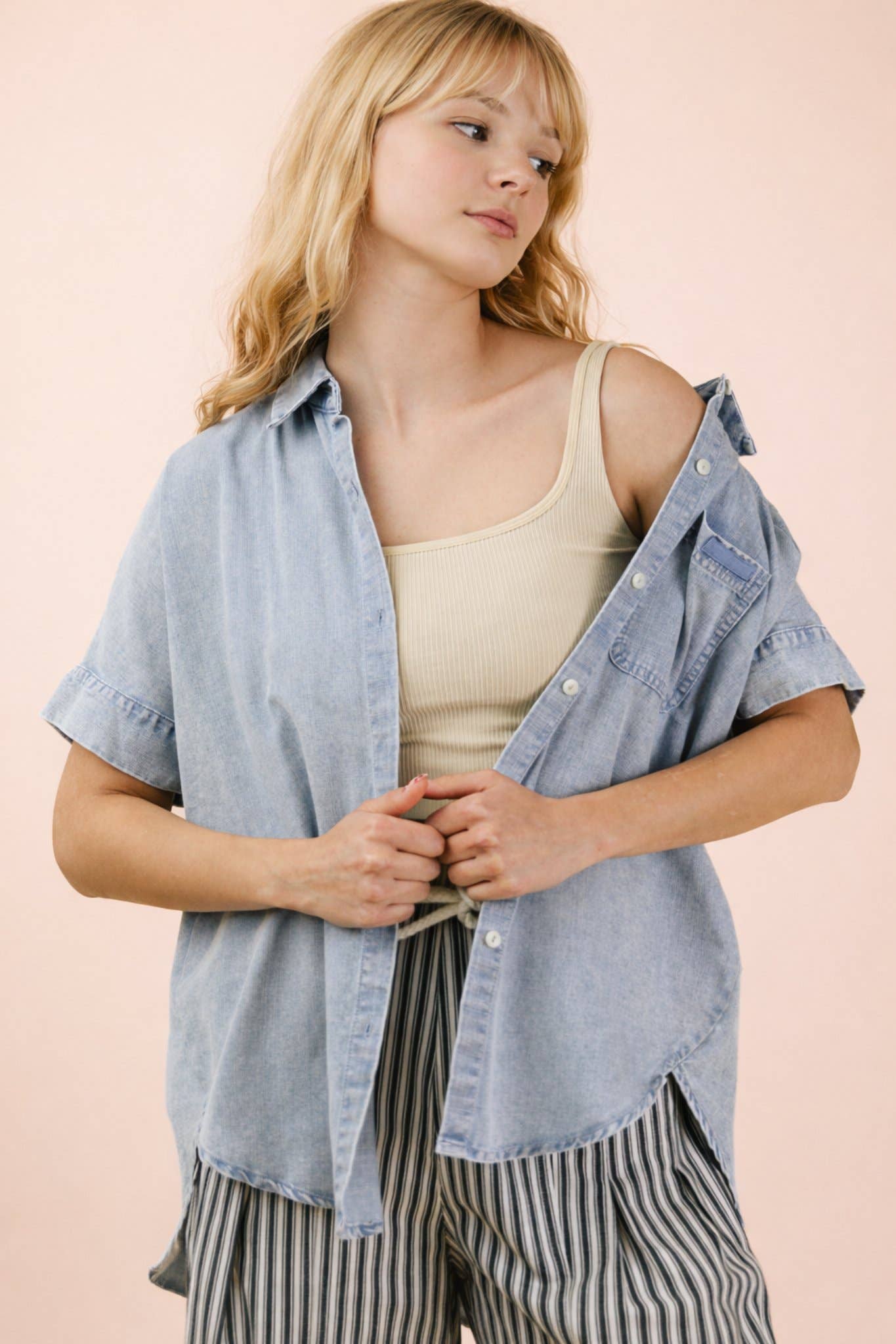 Mineral Washed Chambray Oversized Shirt Top