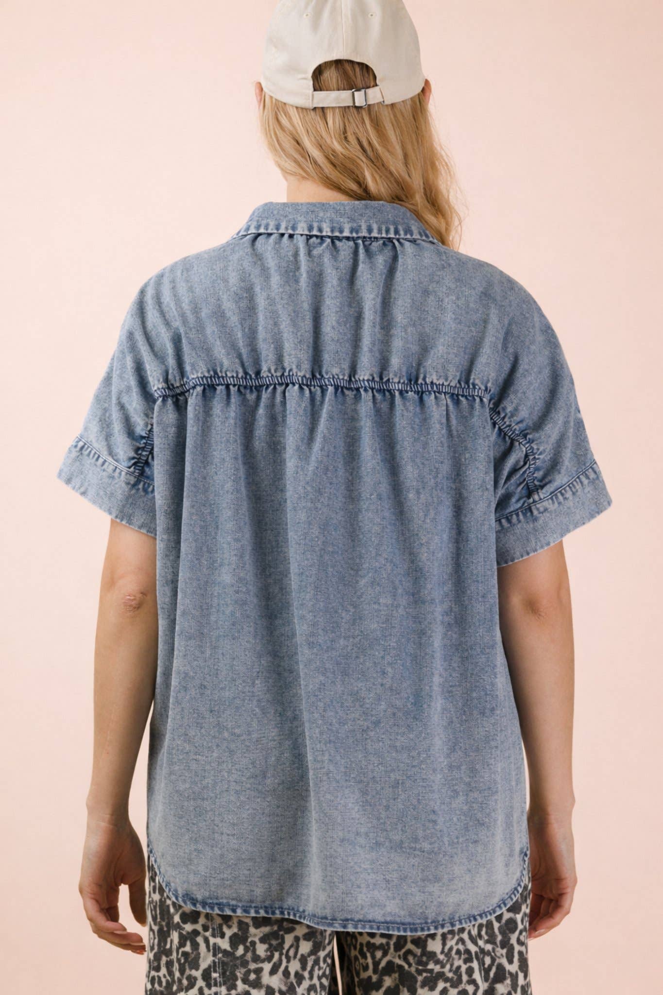 Mineral Washed Chambray Oversized Shirt Top in Indigo