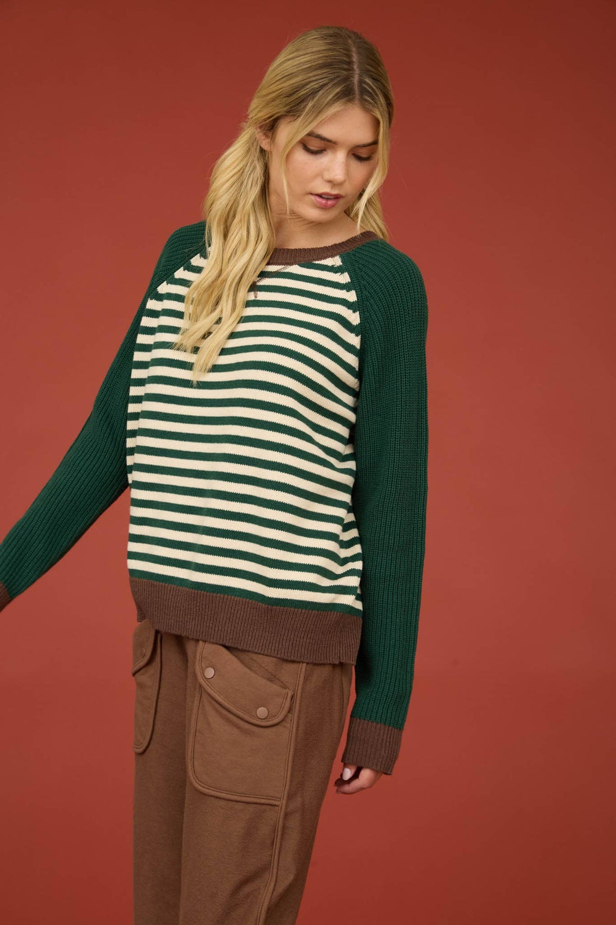 STRIPED COLORBLOCK RAGLAN LONG SLEEVE CREW SWEATER