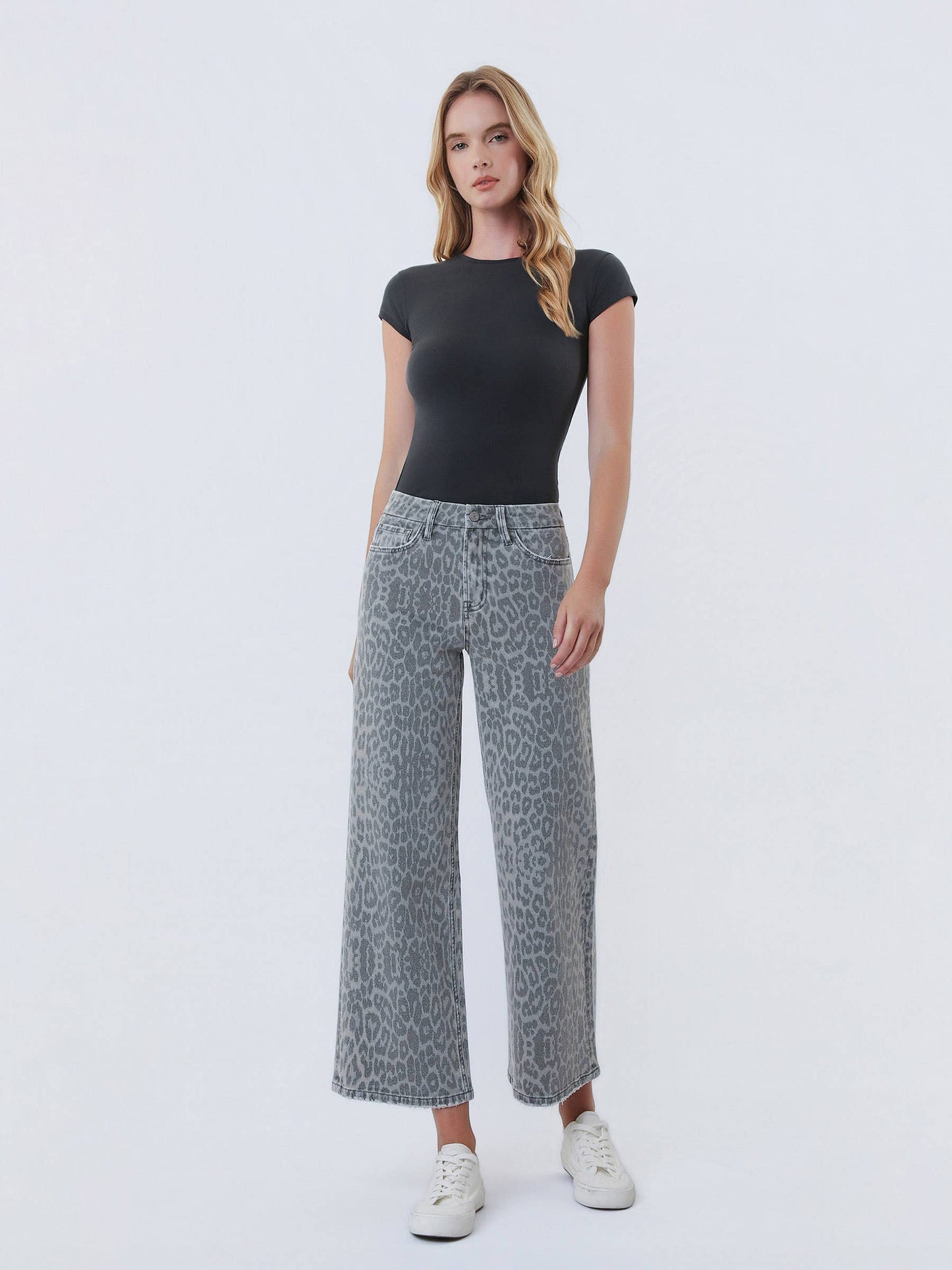 High Rise Grey Leopard Wide Leg Denim by Vervet