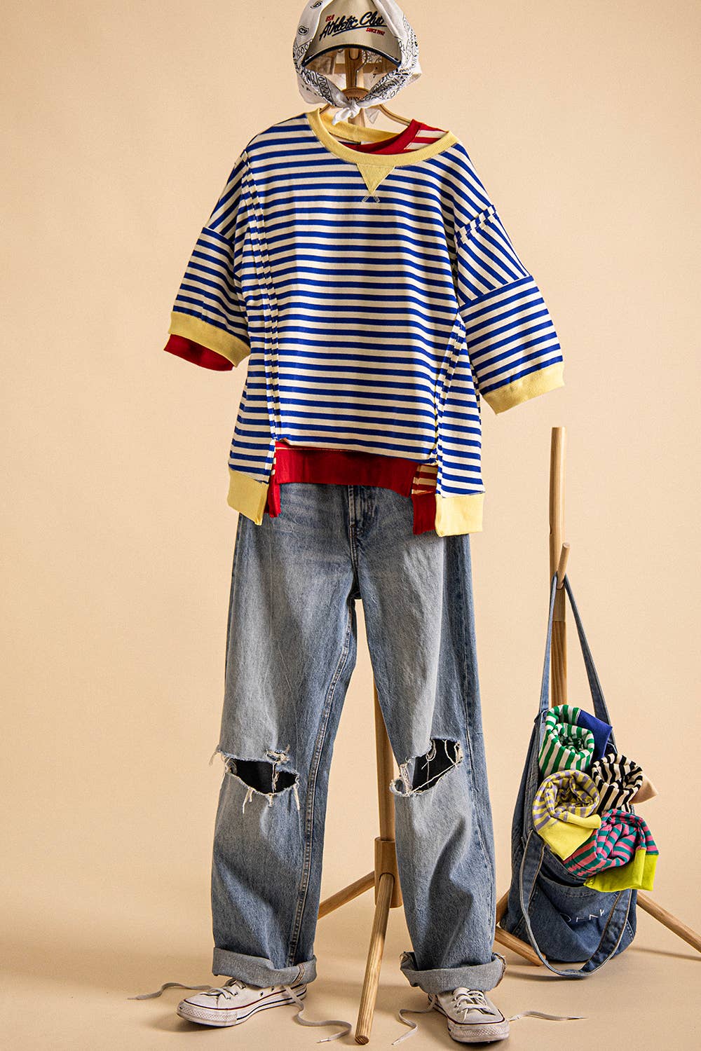 Oversized Stripe Casual Knit Top in Blue