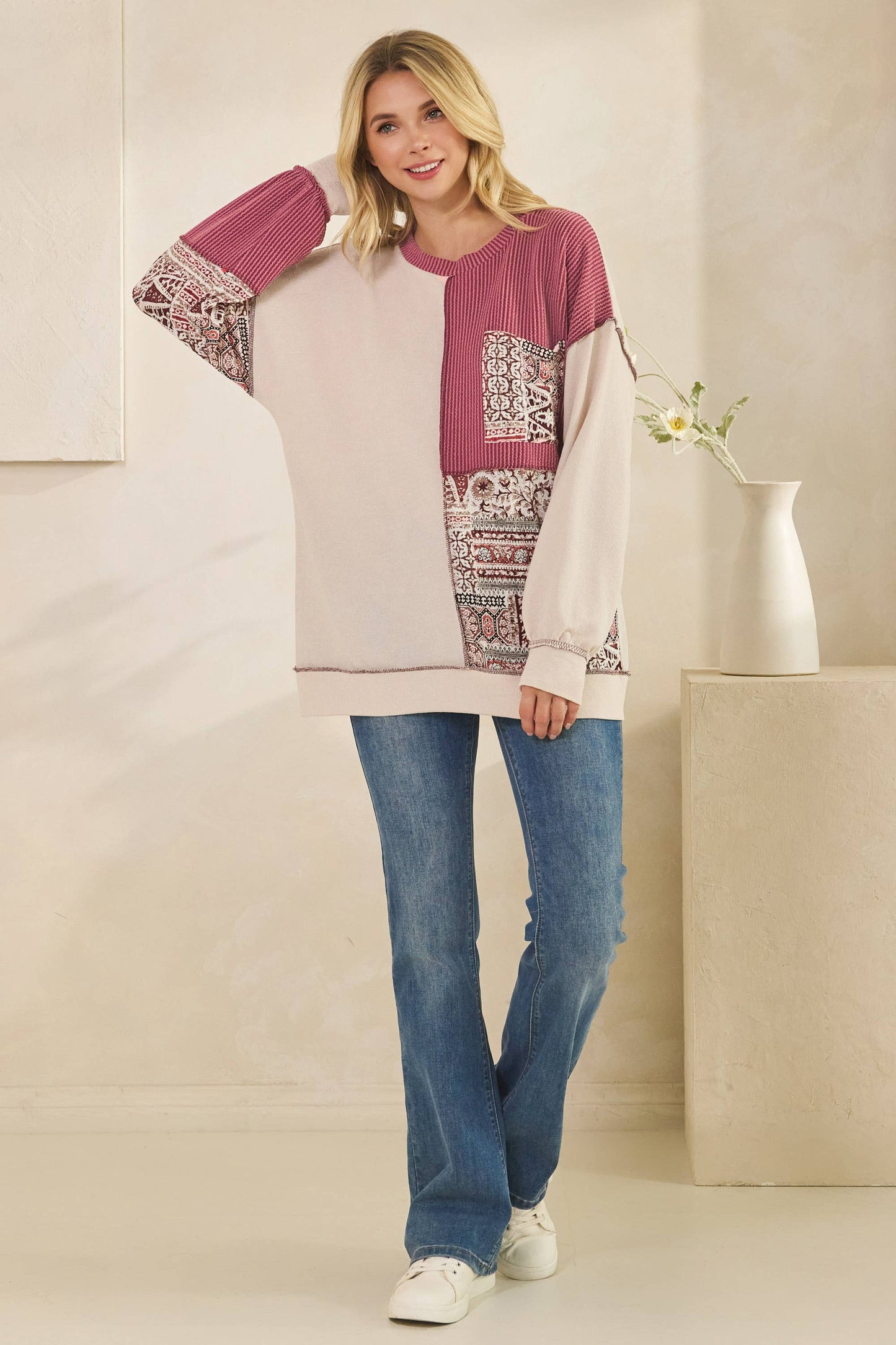 Patchwork Knit Long Sleeve Pullover Top in Burgundy or Olive