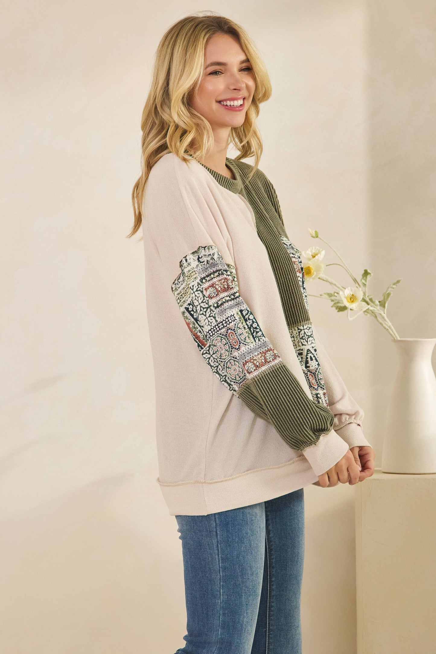 Patchwork Knit Long Sleeve Pullover Top in Burgundy or Olive