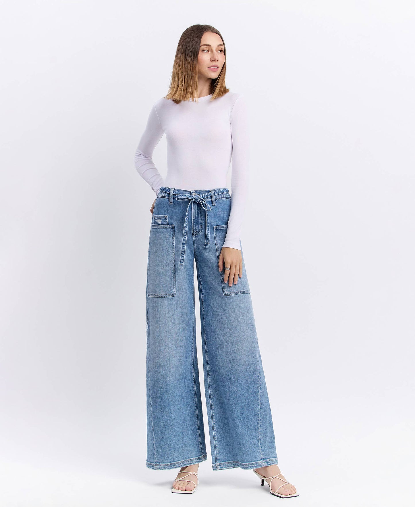 High Rise Elastic Tie Waistband Wide Denim by Flying Monkey