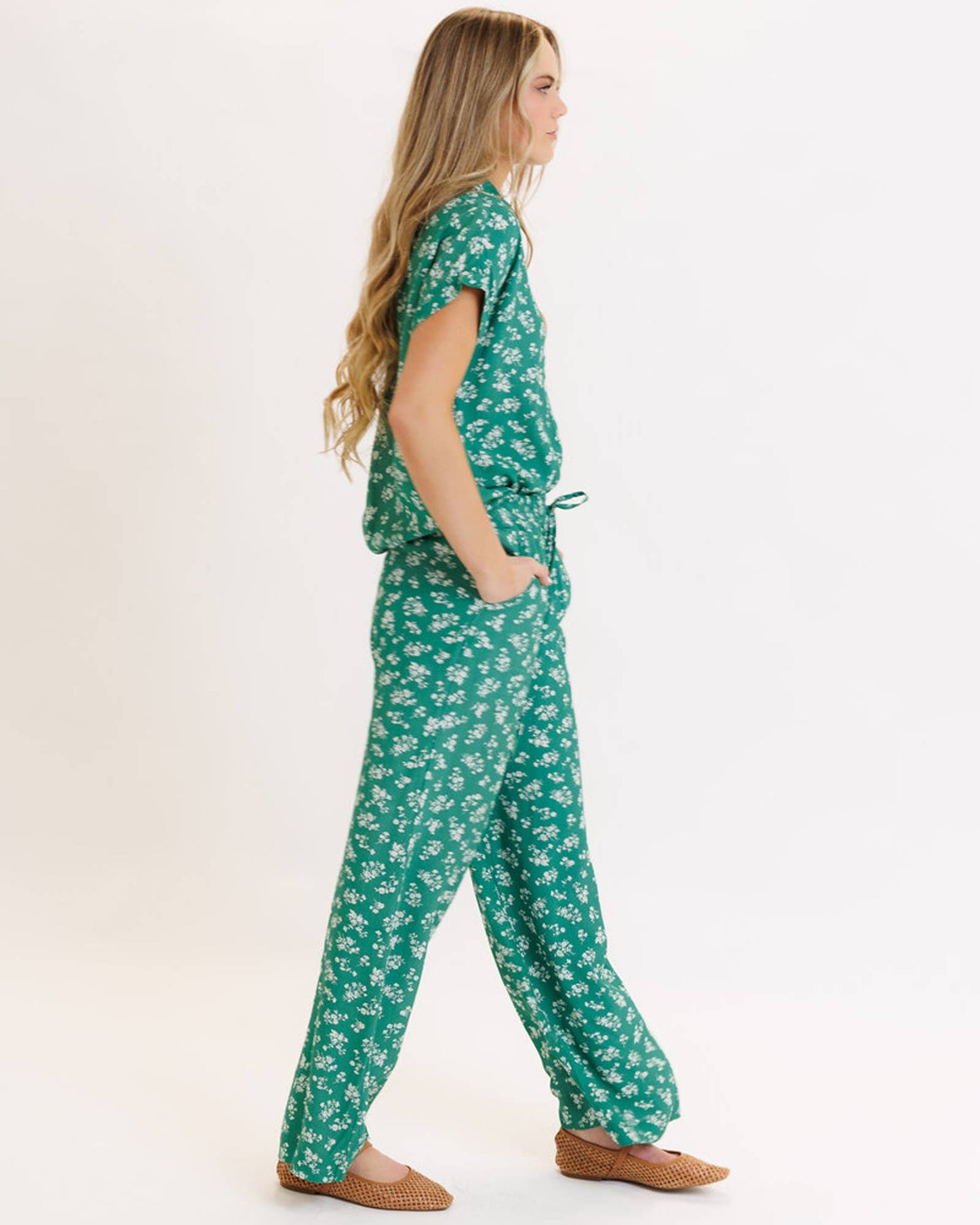 Green Ditsy Floral Print Comfy Pants