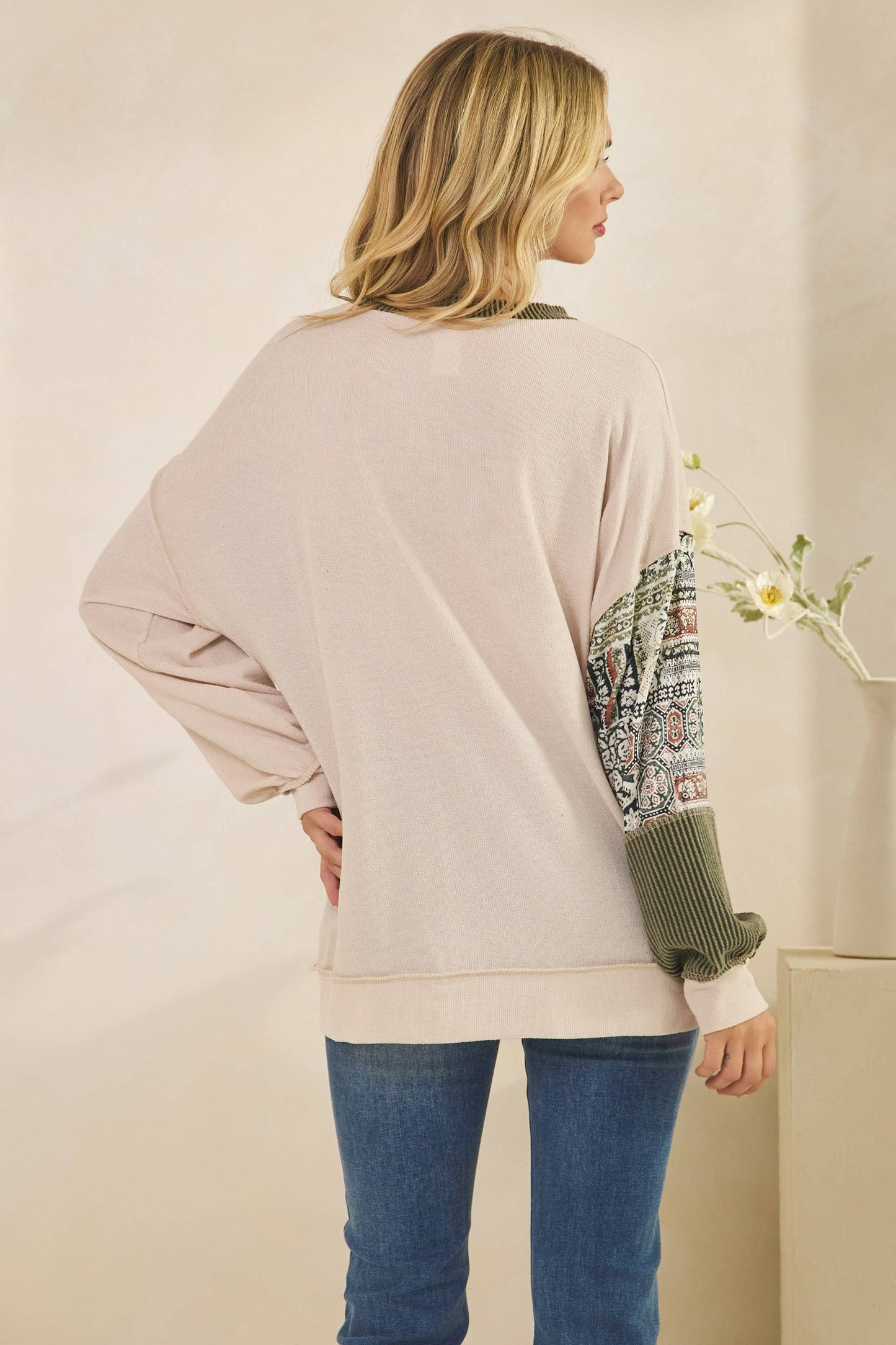 Patchwork Knit Long Sleeve Pullover Top in Burgundy or Olive
