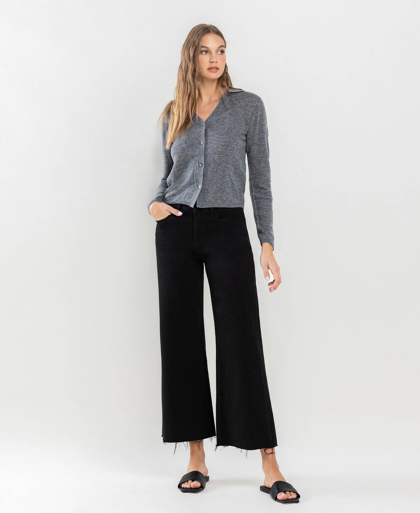 Jet Black High Rise Raw Hem Crop Wide Leg Denim by Lovervet