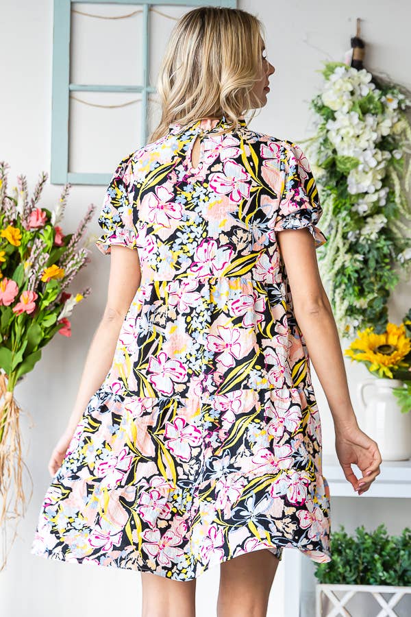 Always Be There Floral Ruffle Mock Neck Dress