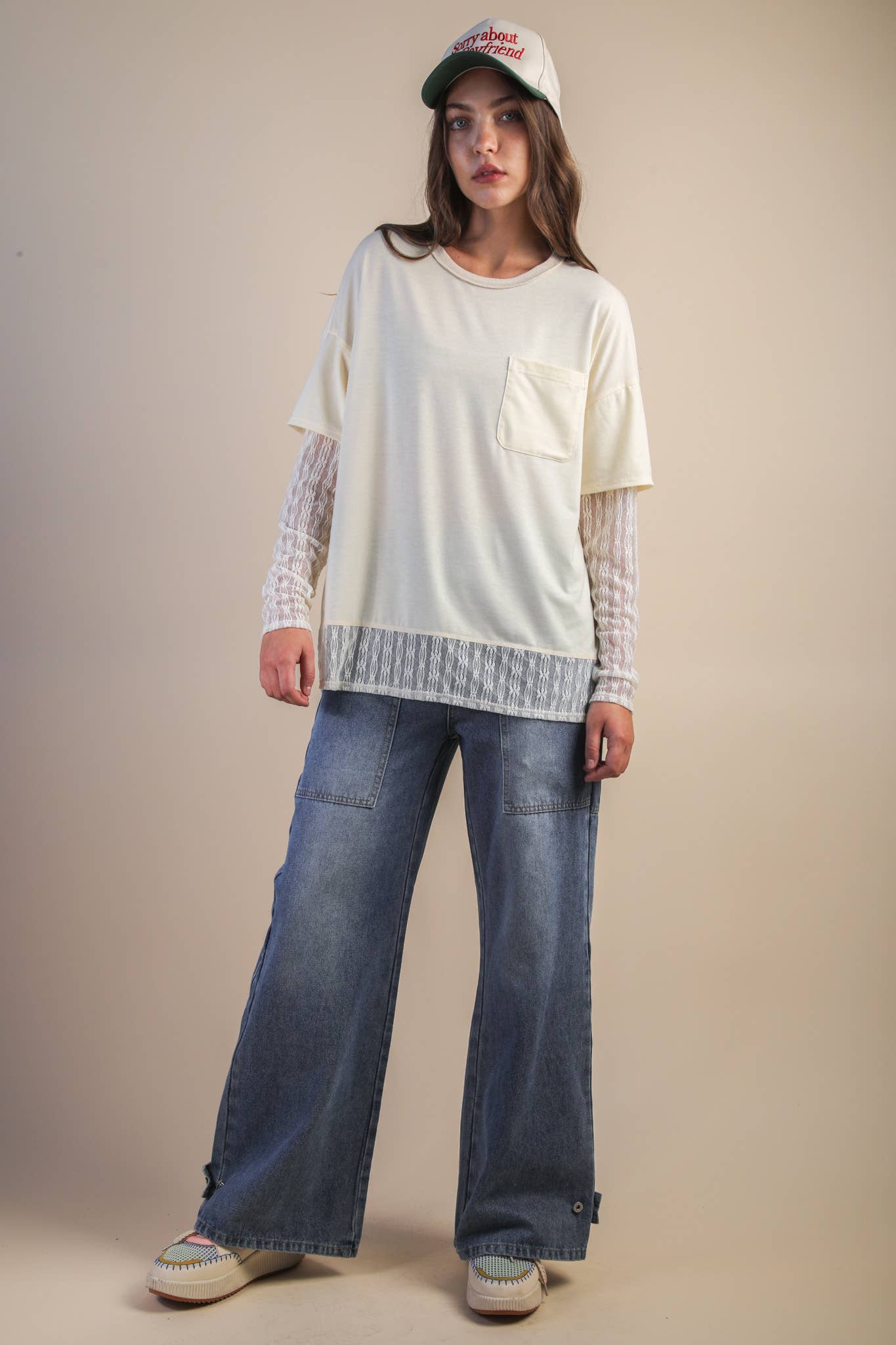 Oversized Casual Knit Top W/ Lace in Olive, Black or Wine