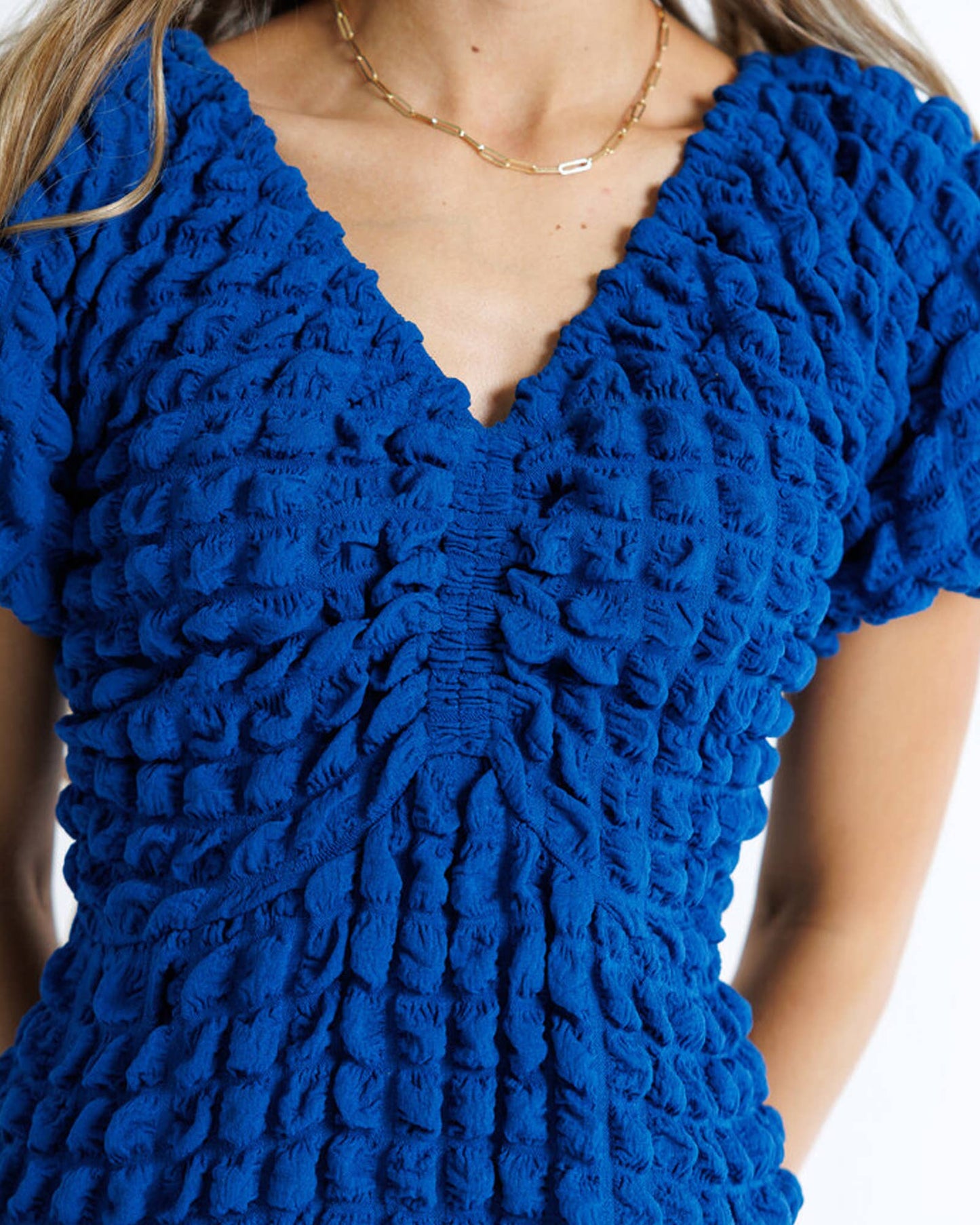 Whimsy Textured Short Sleeve V-Neck Midi Length Dress in Sapphire