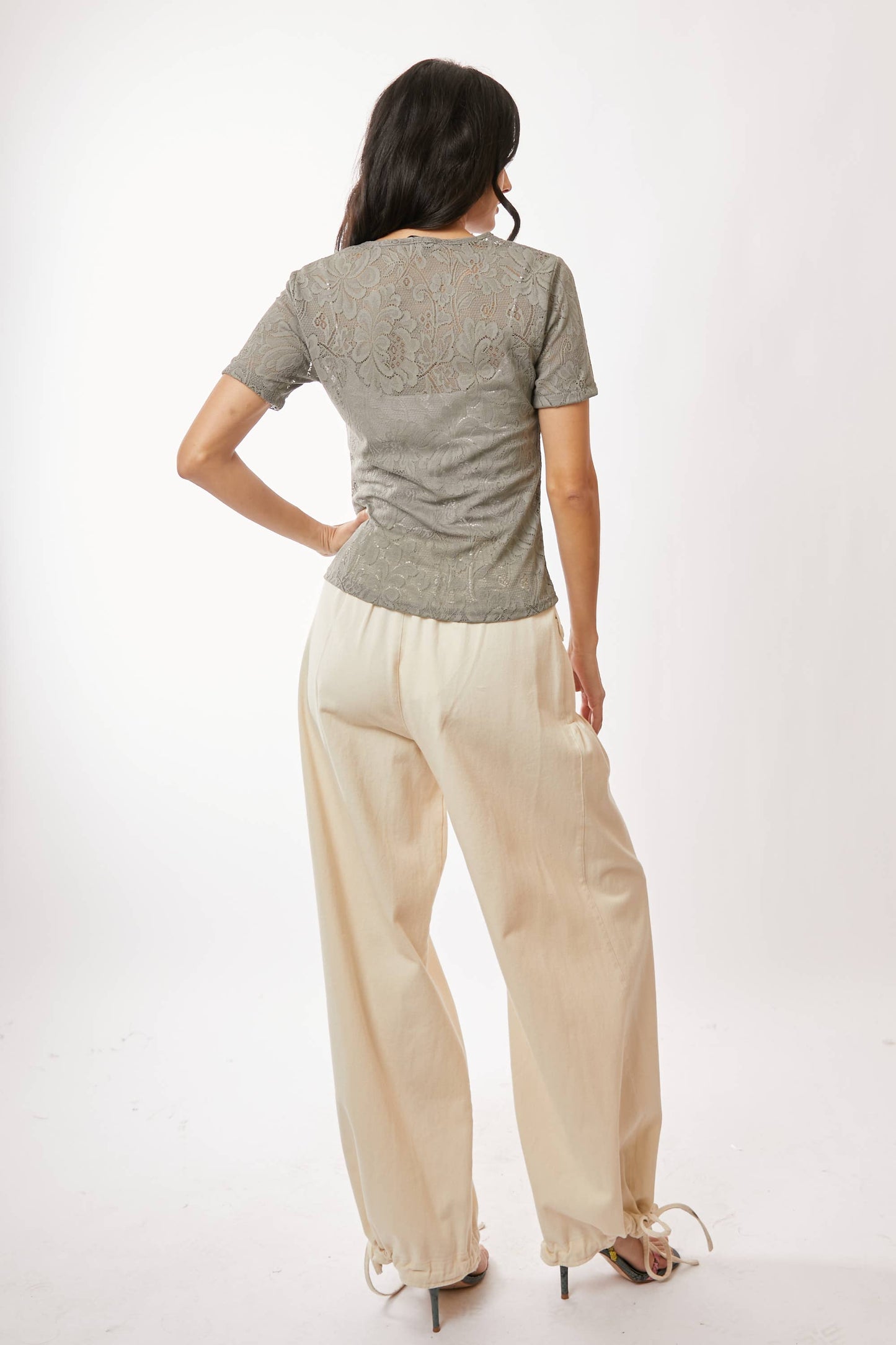 Mesh Lace Stretch Short Sleeve Blouse in Olive Khaki