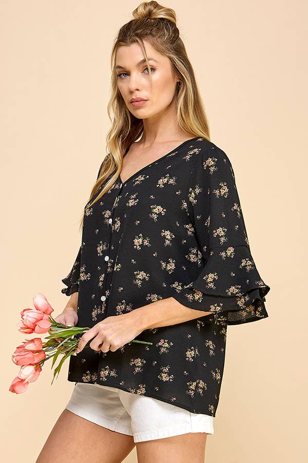 Floral Button Top in Black