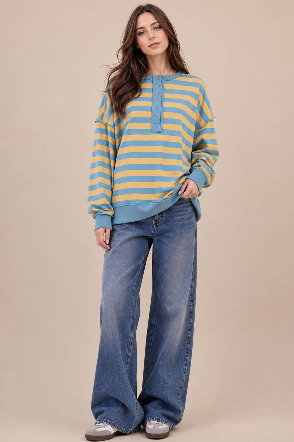 Oversized Striped Half Button Down Casual Knit Top