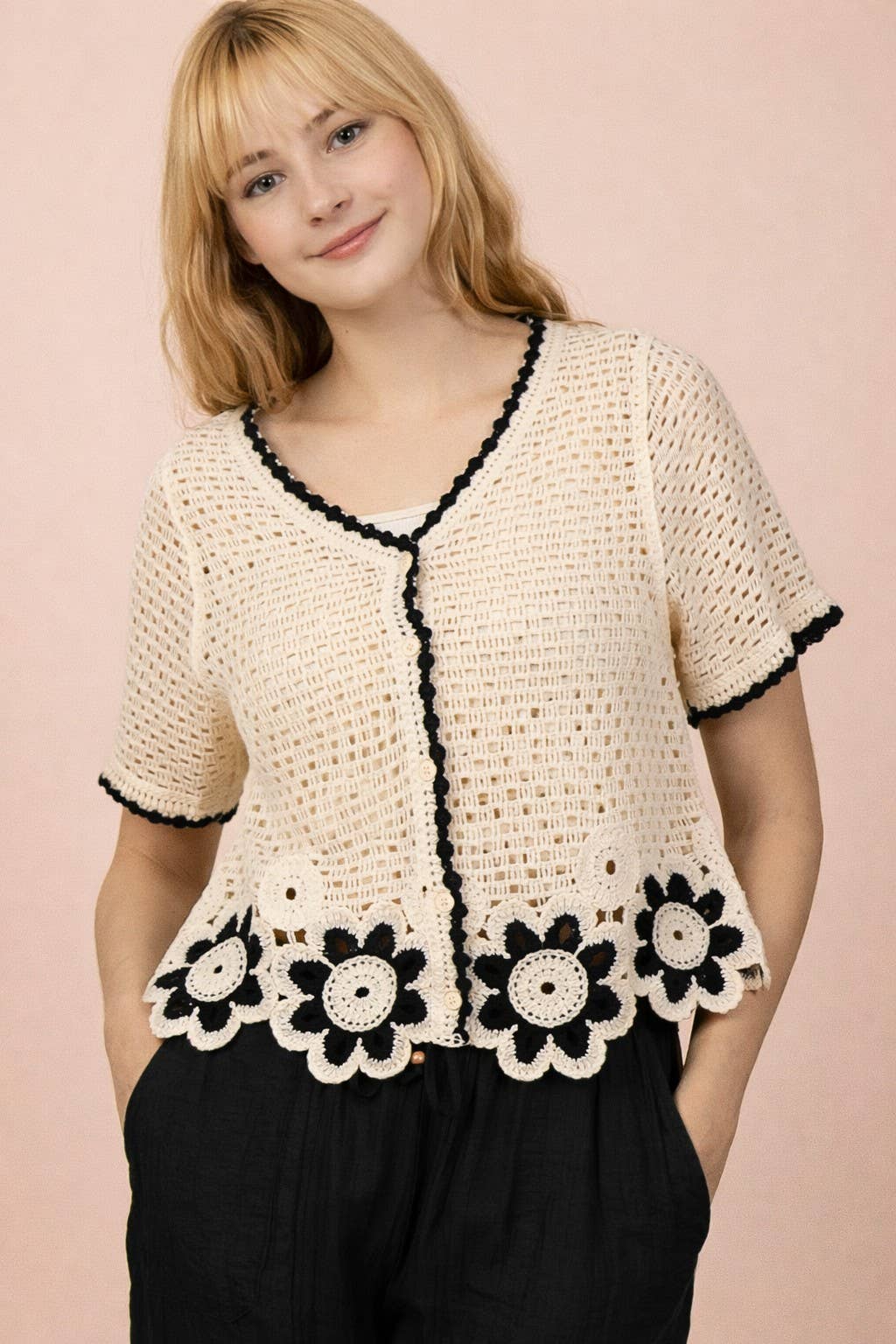NT12550-Floral Hem Crochet Button Down Top