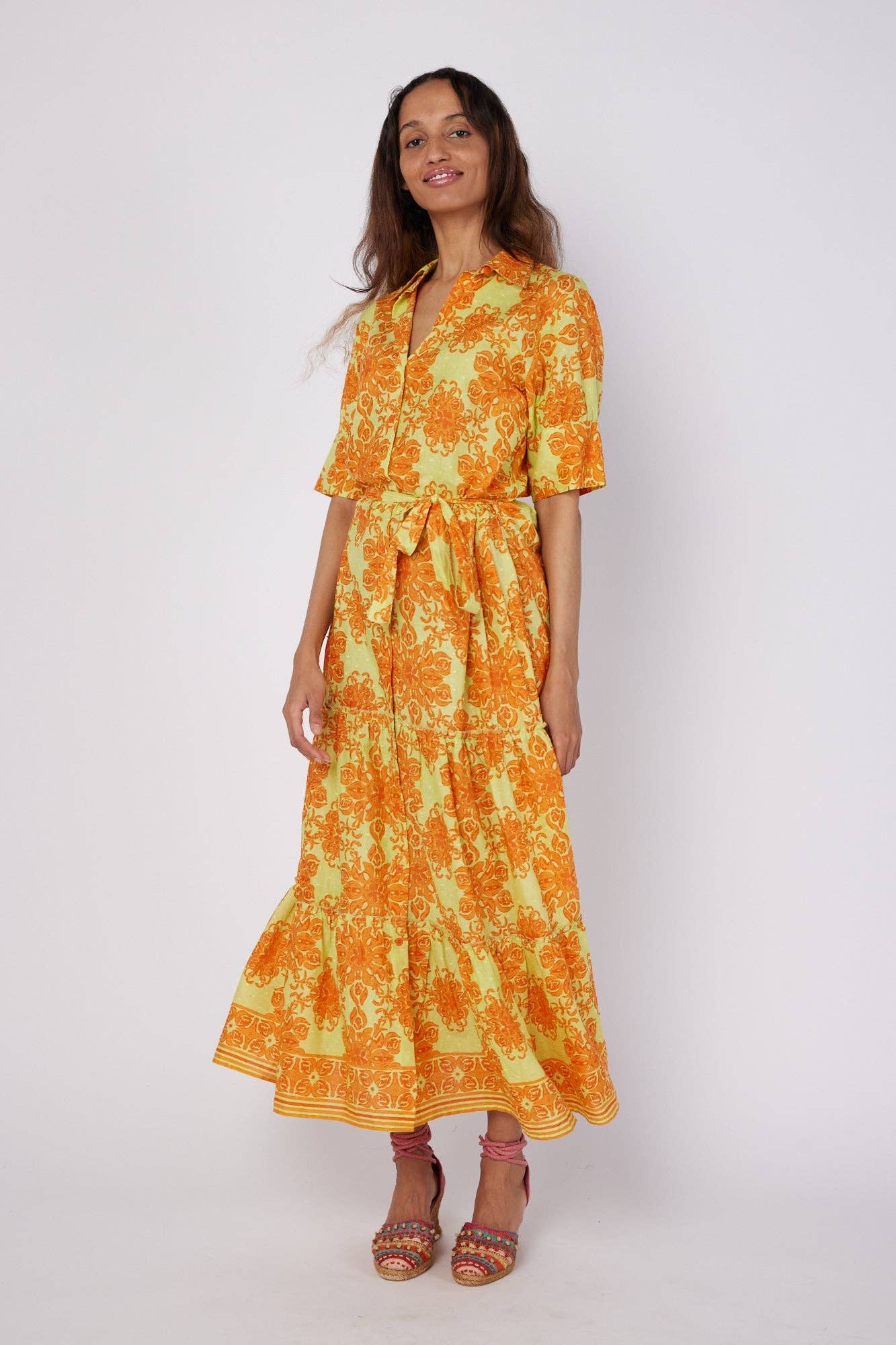 ModaPosa Swiss Dot Orange & Green Maxi Dress