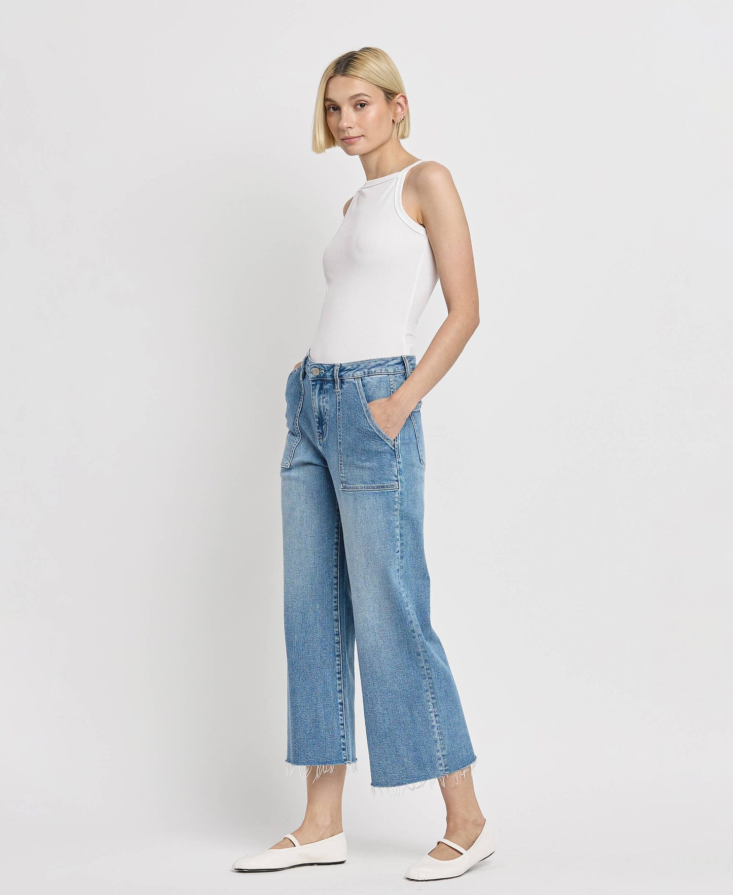 High Rise Utility Wide Jean in Medium Wash