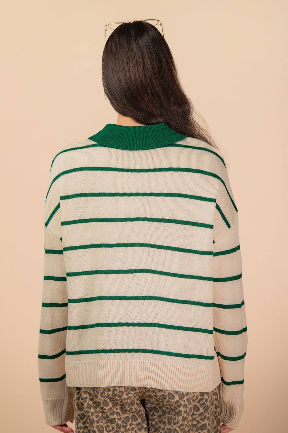 Oversized Button Down Striped Casual Sweater in Green