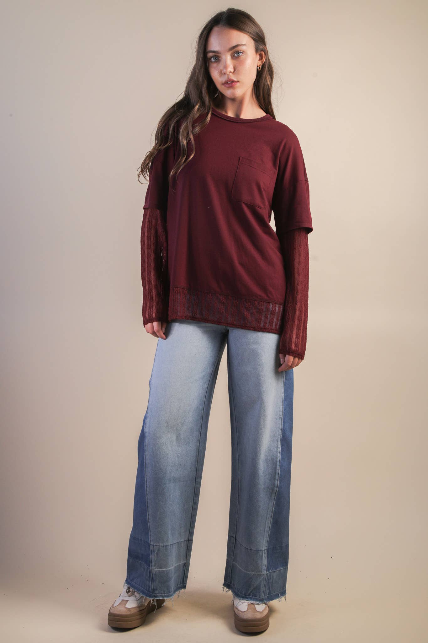 Oversized Casual Knit Top W/ Lace in Olive, Black or Wine