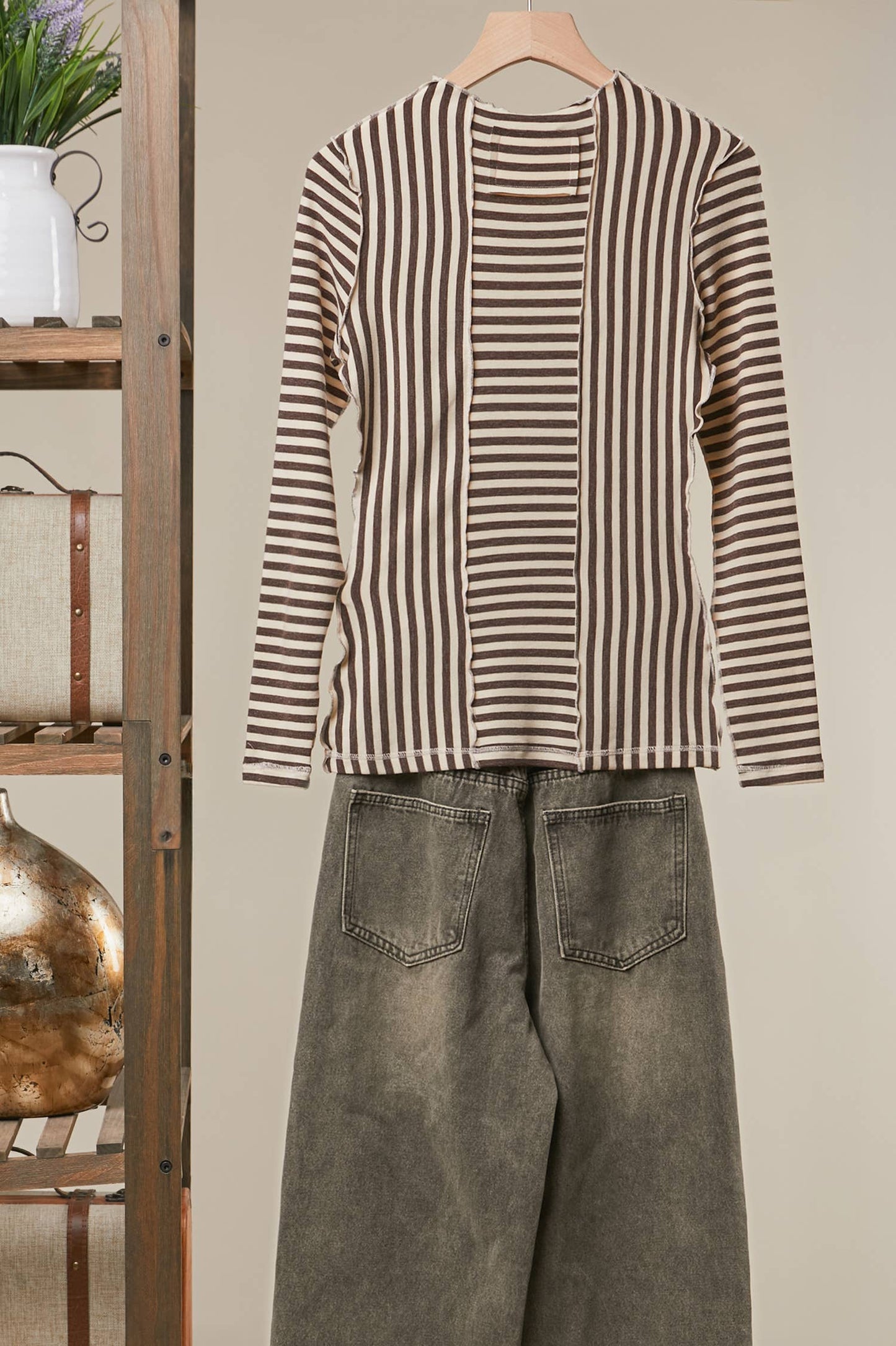 Asymmetrical Stripe Long Sleev Pullover in Brown